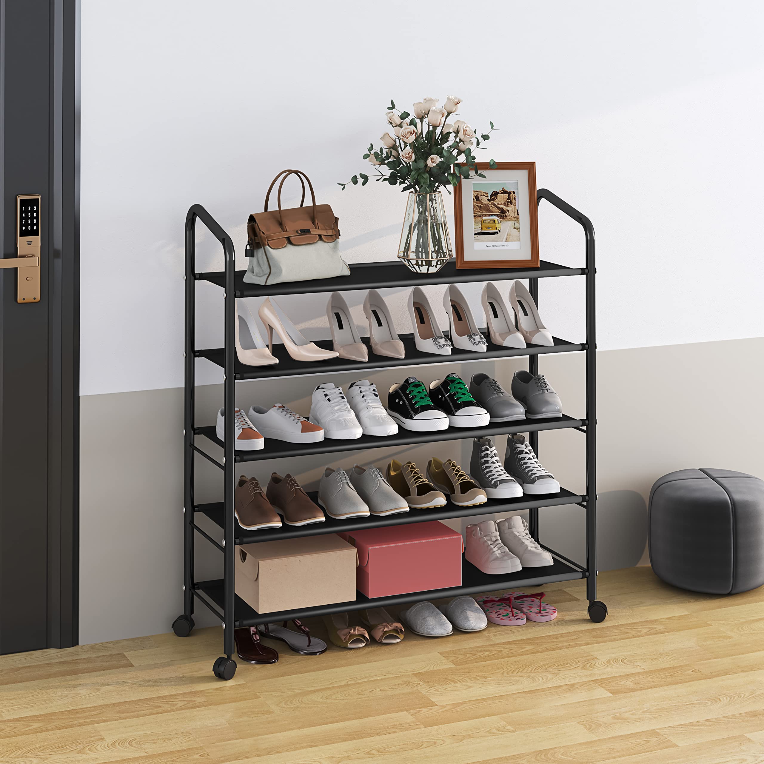 5-Tier Black Metal Shoe Rack Organizer with Wheels - Sturdy Rolling Shoe Storage Shelf for Entryway, Closet, Garage & Floor - 31-Inch Wide Fabric Shelves for Sneakers, Boots & Sandals - Space-Saving Home Organization Solution