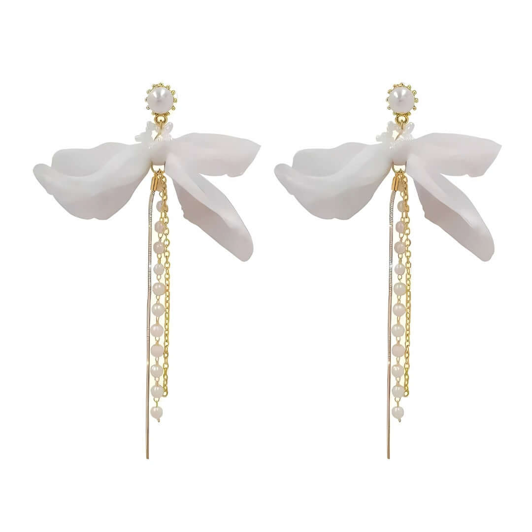 Elegant Chiffon Pearl Bow Drop Earrings for Women - Long Chain Dangle Earrings with Pearl Accents | Perfect for Weddings, Parties & Special Occasions