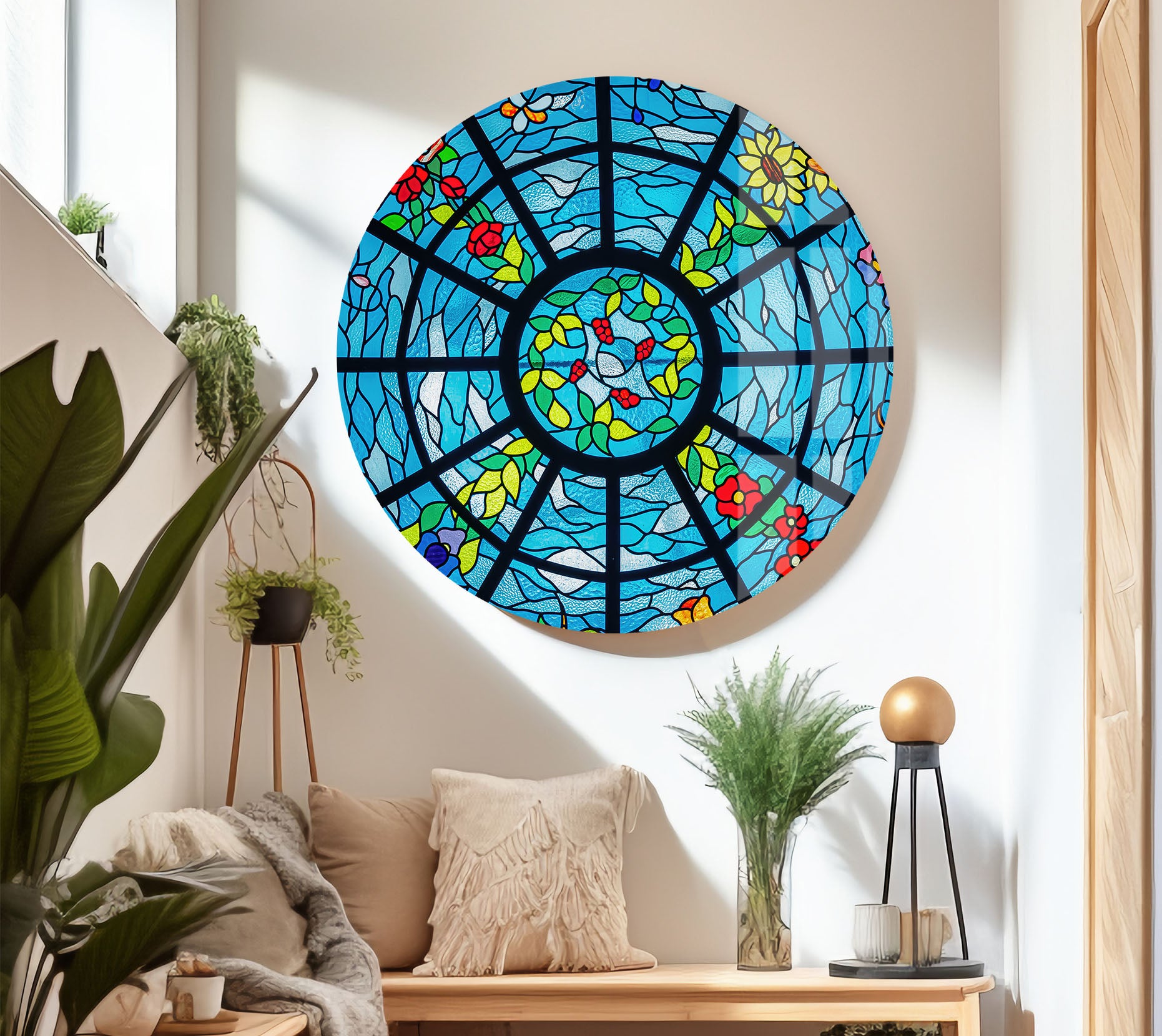 Blue Stained Glass Wall Art - Vibrant Floral & Ocean Window Design for Home & Office Decor | Perfect for Living Room, Bedroom, or Office Wall Decorations