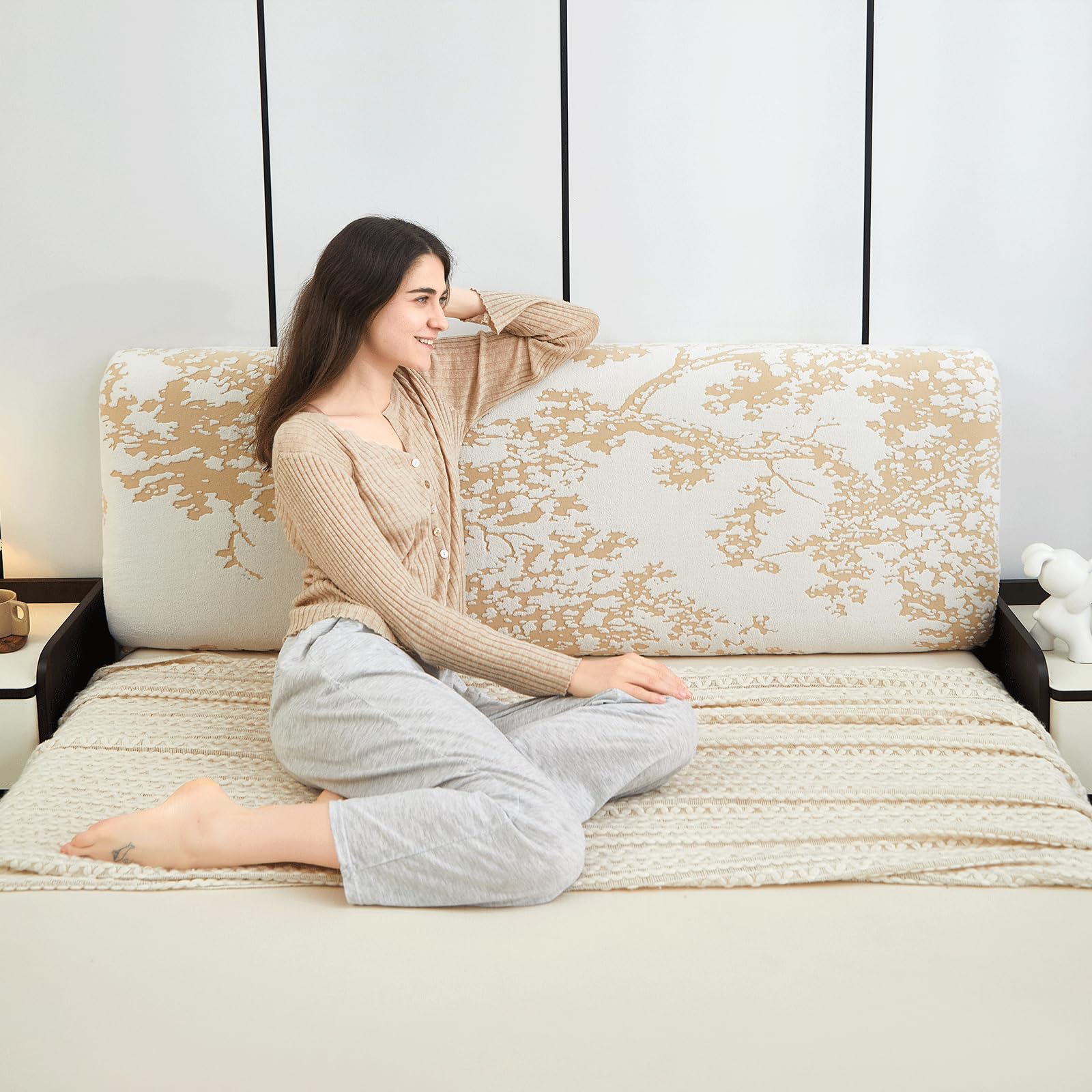 EFELIM Stretch Headboard Covers - Full, Queen & King Size Jacquard Slipcover - Dustproof Protector for Upholstered & Wood Headboards (Beige, 43-51 Inches) - Perfect for Bedroom Decor & Furniture Protection