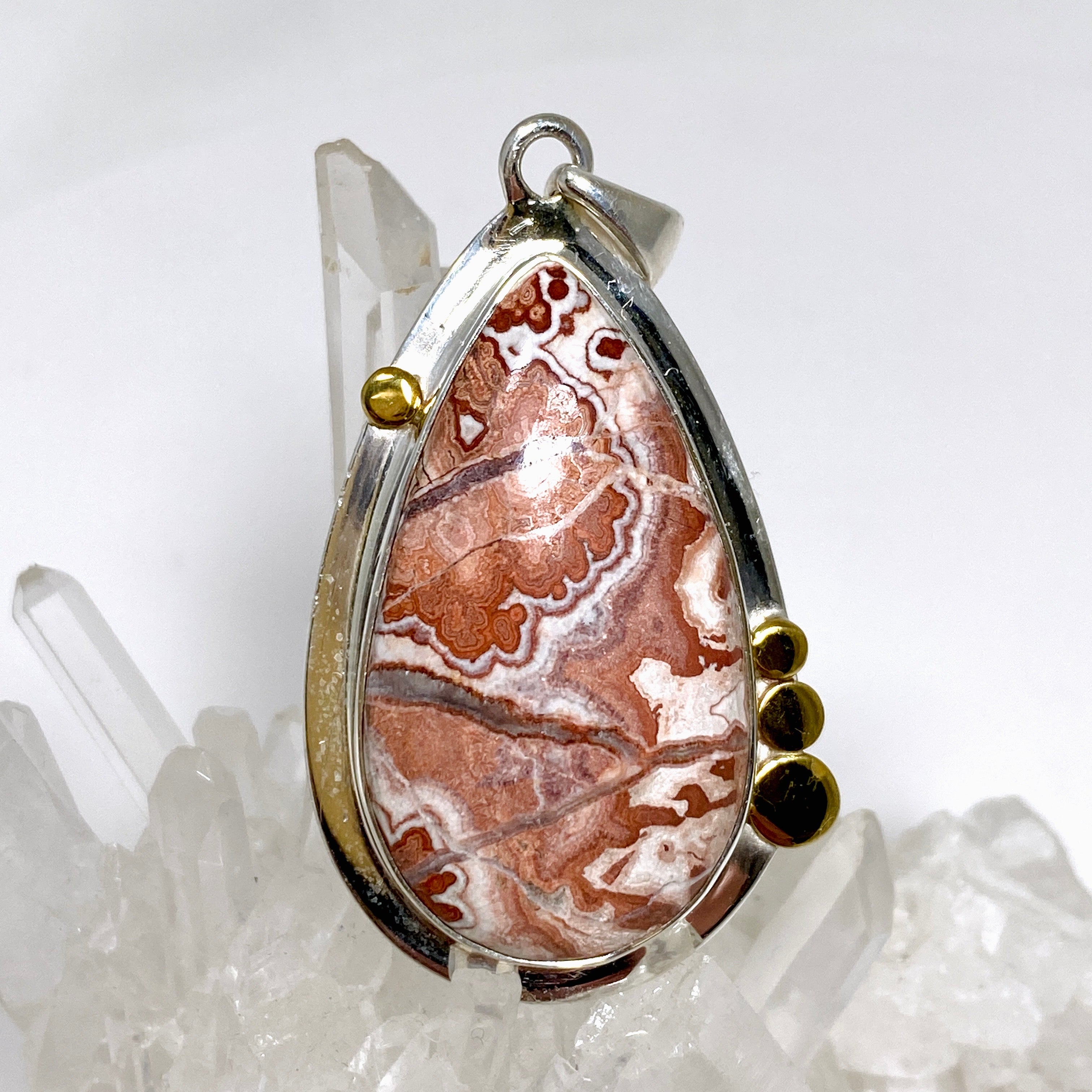 Crazy Lace Rosetta Stone Teardrop Pendant with Brass Decorative Setting KPGJ4569 - Elegant Bohemian Jewelry for Women, Perfect for Casual Wear, Date Nights & Special Occasions