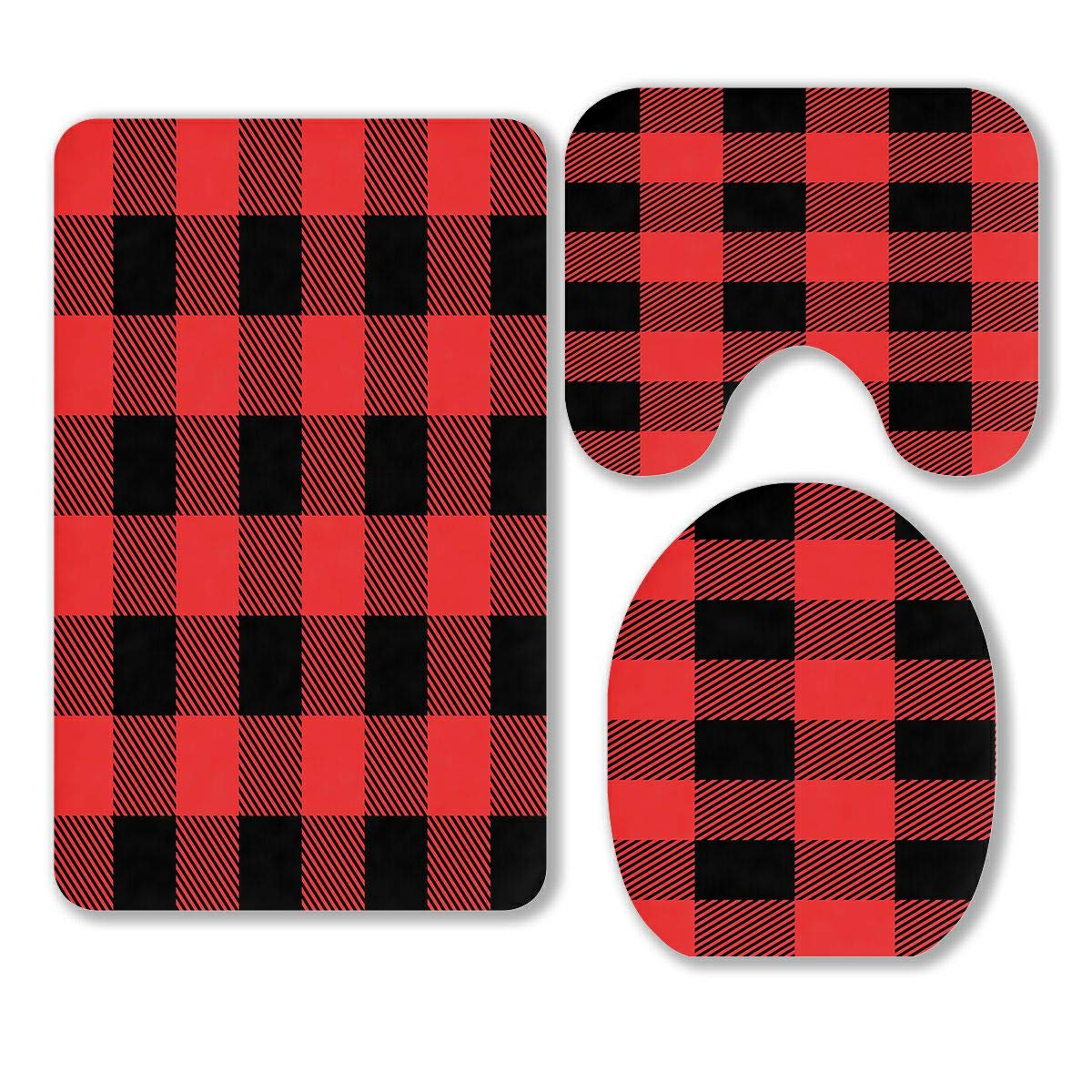 ABPHQTO Red and Black Tartan Plaid Checkered 3-Piece Bathroom Rug Set - Non-Slip Bath Mat, Contour Rug & Toilet Lid Cover - Soft Absorbent Microfiber for Bathroom, Powder Room & Guest Bath Decor