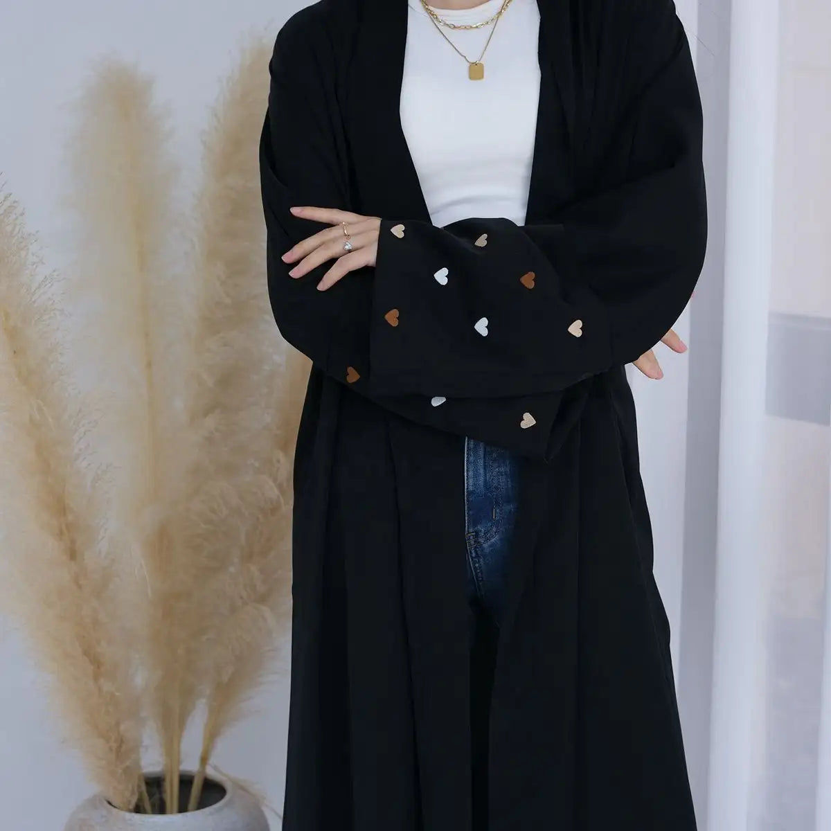 Elegant Heart Embroidery Muslim Women's Nida Cardigan Open Abaya Dress - Perfect for Prayer, Eid, and Special Occasions