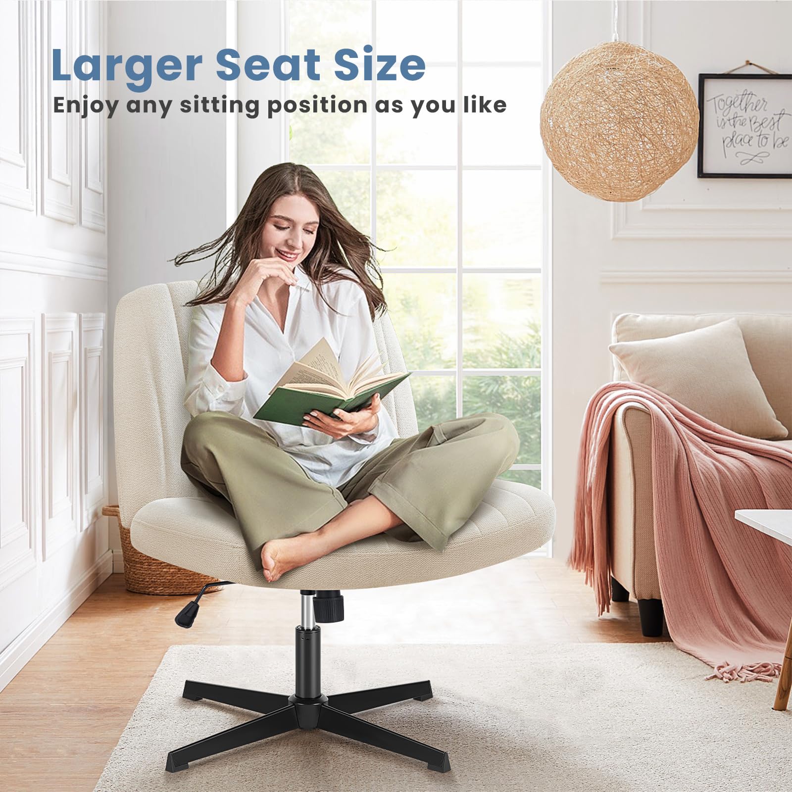DUMOS Cross Legged Office Chair - Armless Wide Home Desk Seat No Wheels, Modern Swivel Adjustable Fabric Chair for Bedroom & Office - Perfect for Meditation, Reading & Small Space Workstations