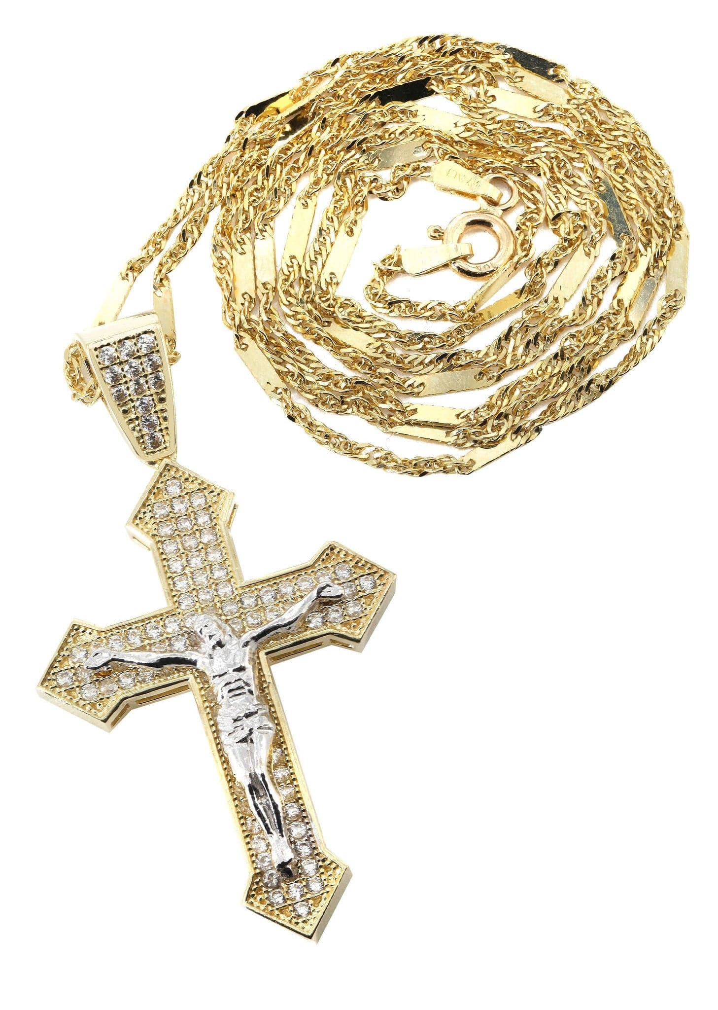 10K Yellow Gold Fancy Link Cross Crucifix Necklace for Women - 7.4 Grams Solid Gold Religious Jewelry - Perfect for Church, Baptism, Confirmation & Everyday Wear