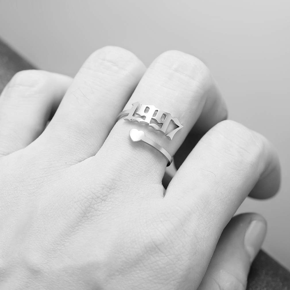 SKQIR Adjustable Initial Number Birth Year Ring for Women - Gold/Silver Stainless Steel Open Promise Ring, Engagement Wedding Band, Delicate Jewelry Gift for Girlfriend - Perfect for Anniversaries, Valentine's Day & Special Occasions