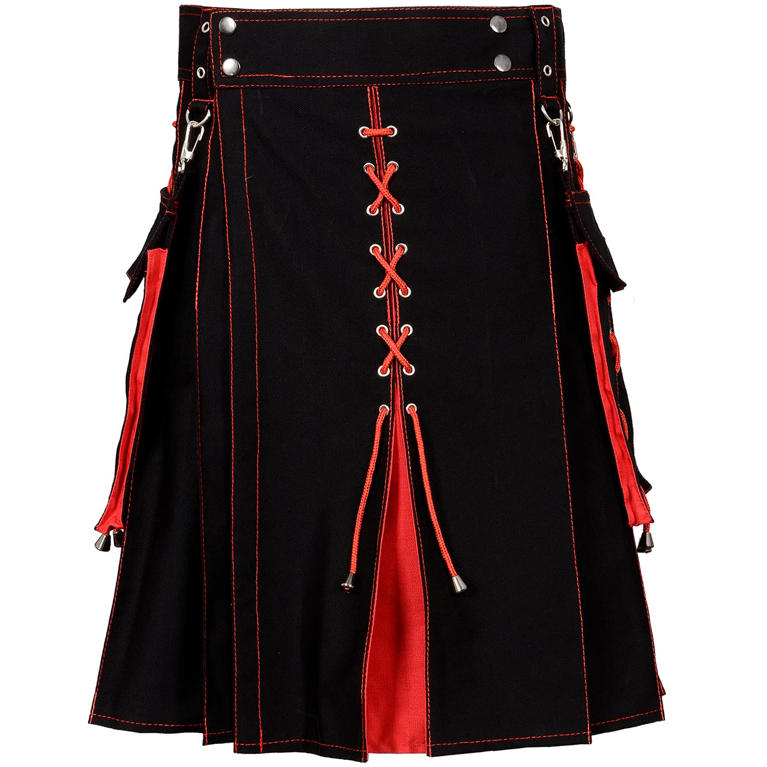Men's Hybrid Utility Kilts - Sport & Traditional Style Red Highland Kilt - 100% Cotton Denim Jeans Material - Waist Size 30 (Black & Red) - Perfect for Renaissance Fairs, Highland Games & Outdoor Adventures
