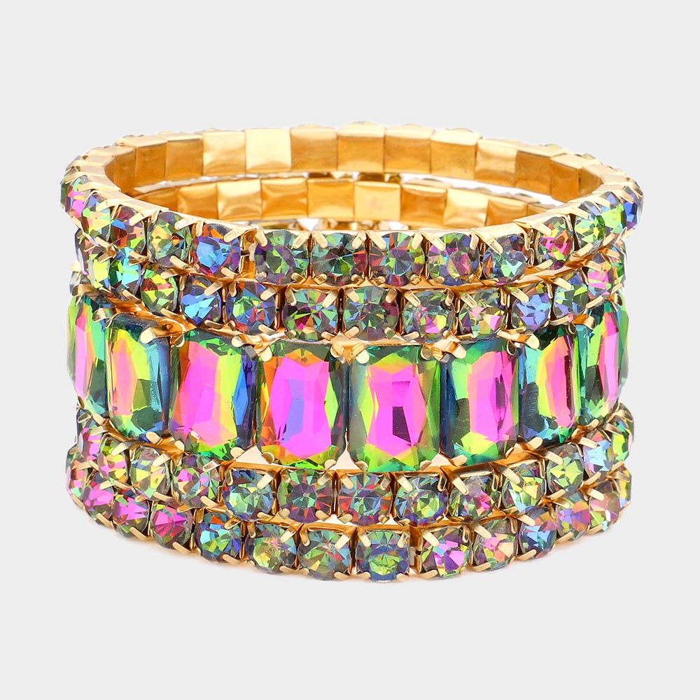 5-Piece Multi-Color Stone Stretch Multi-Layered Pageant Bracelets Set - Elegant Prom Jewelry for Women - Perfect for Pageants, Proms, Weddings & Special Occasions