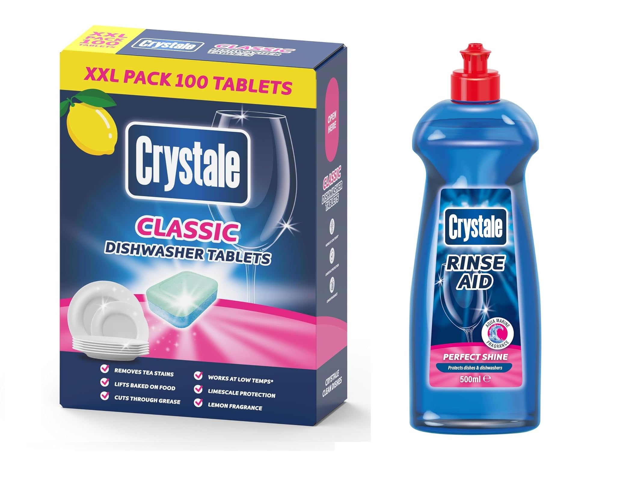 Crystale Dishwasher Tablets 100 Count with 500ml Rinse Aid - Powerful Cleaning for Sparkling Dishes - Perfect for Daily Dishwashing & Tough Stains