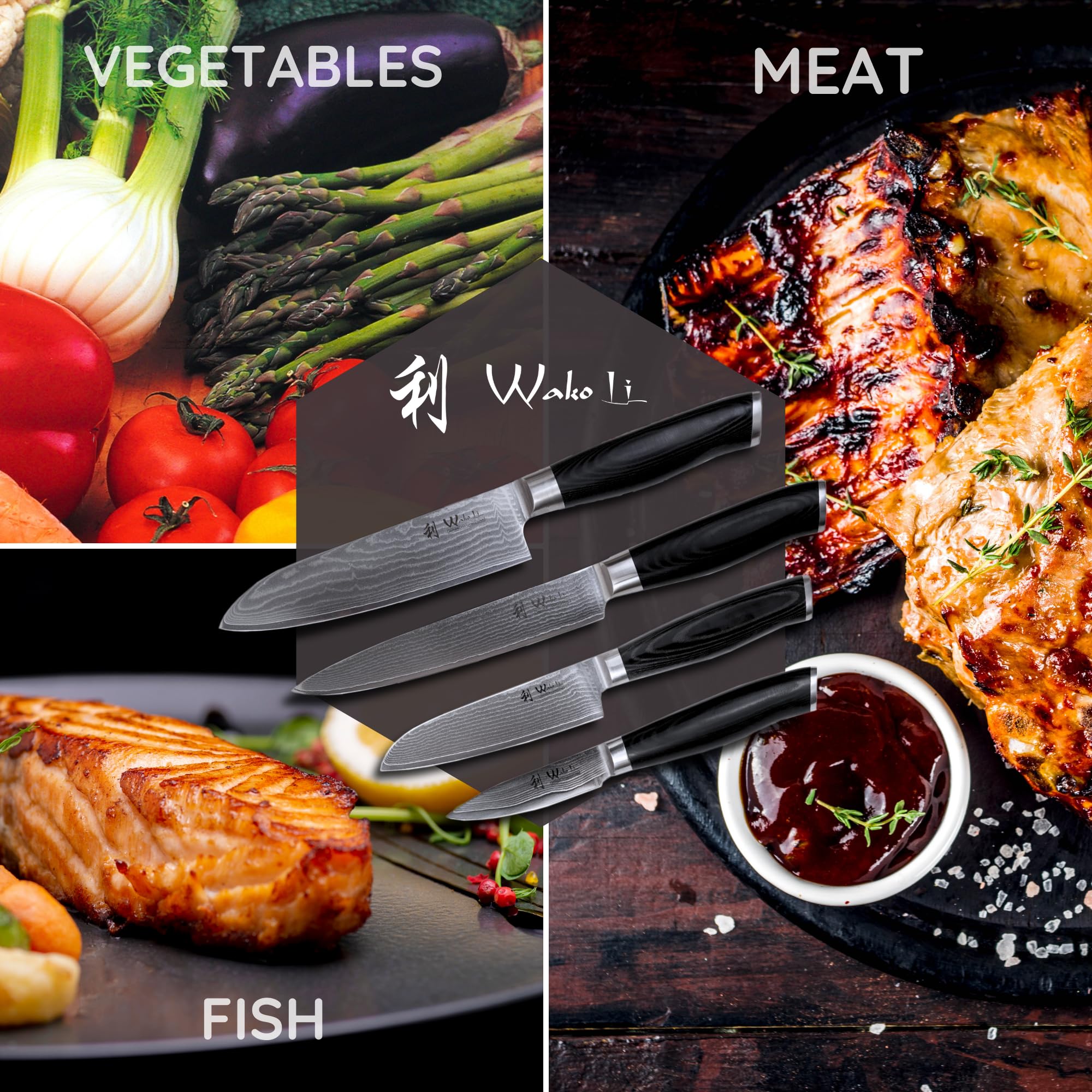 Wakoli 4-Piece Professional Damascus Kitchen Knife Set - 67-Layer Genuine Damascus Steel with VG10 Core - Ergonomic Micarta Handle Chef Knives for Precision Cutting - Perfect for Home Cooking, Professional Kitchens & Culinary Gifts