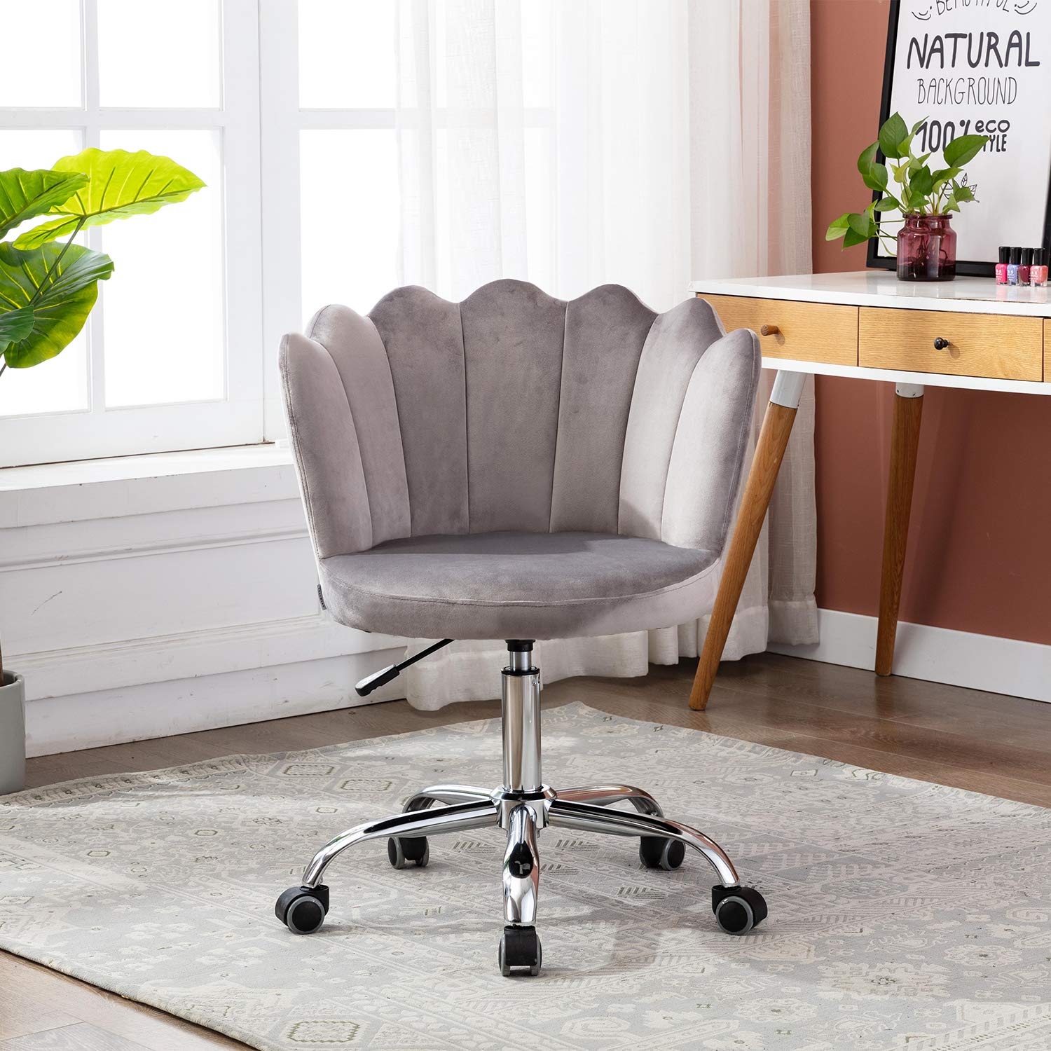 Velvet Desk Chair with Wheels - Modern Swivel Height Adjustable Office Chair, Upholstered Task Chair for Home Office, Living Room, Study & Vanity (Gray) - Perfect for Work, Gaming & Relaxation