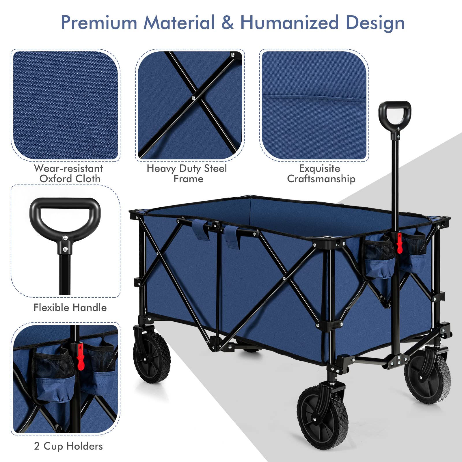 Goplus Collapsible Wagon Cart with Universal Wheels, Adjustable Handle & Storage Bag - Heavy Duty Folding Utility Wagon for Grocery Shopping, Camping, Beach, Gardening & Outdoor Activities (Navy Blue)