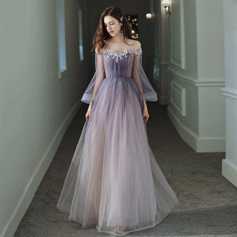 Elegant Off Shoulder Purple A-Line Tulle Prom Dress with Long Sleeves - Formal Evening Gown for Homecoming, Wedding Guest & Special Occasions