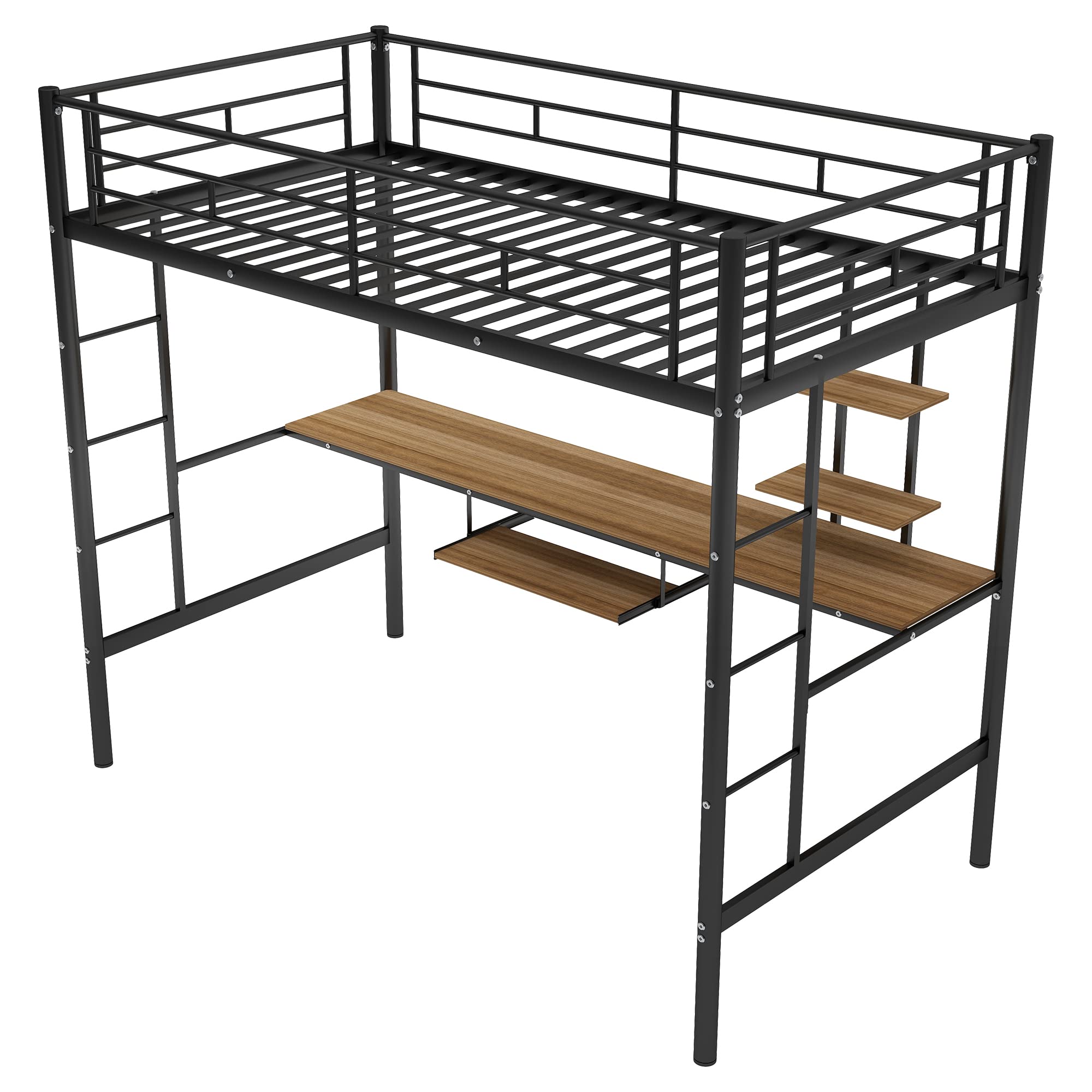 MERITLINE Twin Metal Loft Bed with Desk, Storage Shelf & Safety Rail - High Loft Study Bed for Kids & Teens (Black with Keyboard Tray) - Perfect for Small Bedrooms, Dorm Rooms & Space-Saving Kids' Rooms