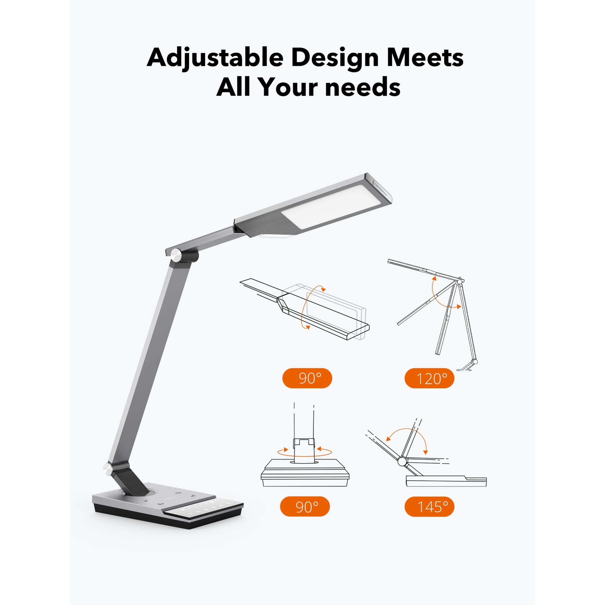 WorkPro™ LED USB Desk Lamp with Wireless Charger & Timer - 17.5 Inch Adjustable Office Light, Brushed Metal Gray - Perfect for Home Office, Study, Reading & Nightstand Use