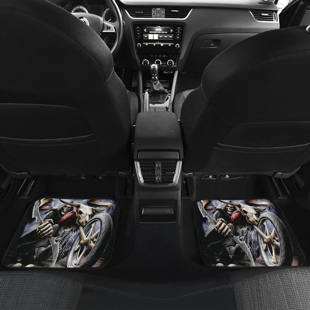 4 Pcs Ride Or Die Grim Reaper Skull Car Mats - Non-Slip Floor Mats for Cars, Trucks & SUVs - Perfect for Halloween, Gothic & Horror Fans - Durable & Easy to Clean
