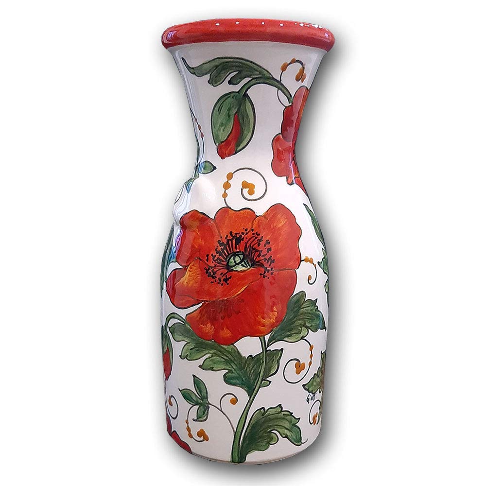 Italian Ceramic Wine Jug with Poppies - 33 oz Hand-Painted Kitchen Carafe & Utensil Holder - Tuscan Pottery Vase for Wine & Home Decor - Made in Italy - Perfect for Rustic Kitchens, Wine Serving & Farmhouse Decor