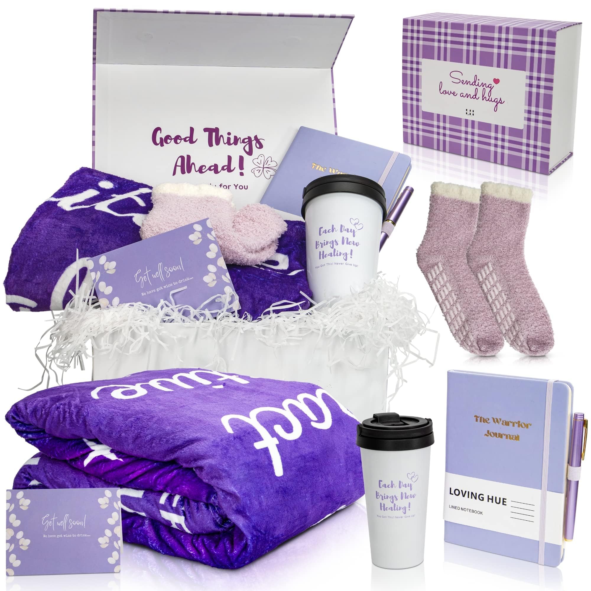 Chemo Care Package for Women - Thoughtful Cancer Patient Gift Set with Travel Mug & 47x71 Inch Purple Healing Blanket | Get Well Soon Gifts for Hospital, Recovery & Comfort