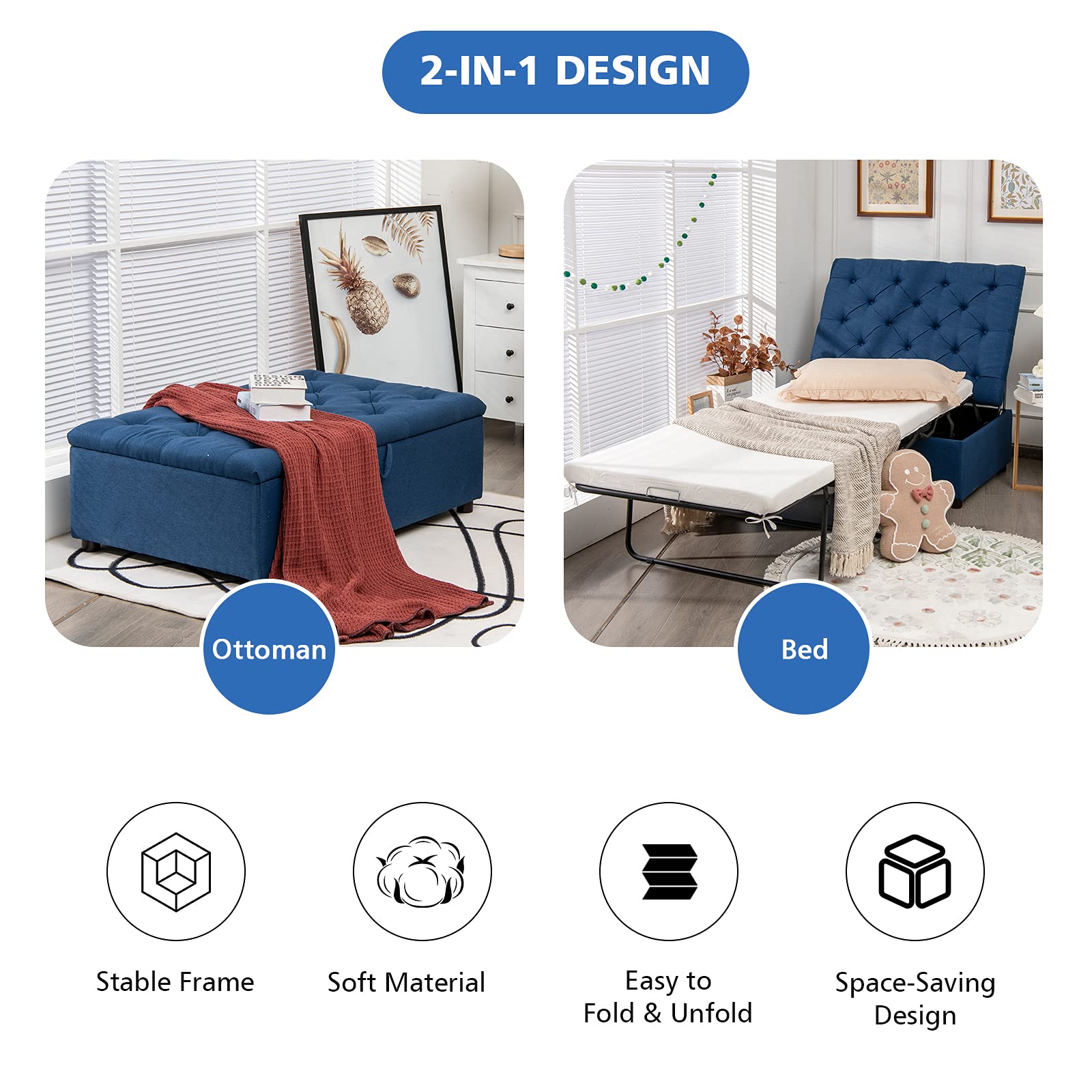 Giantex Ottoman Folding Bed with Mattress - Convertible Chair to Sofa Bed, Steel Frame Sleeper Couch for Guest & Lounge - Dual Use Living Room, Bedroom & Office Furniture (Blue) | Perfect for Small Spaces, Overnight Guests & Multi-Functional Furniture Needs