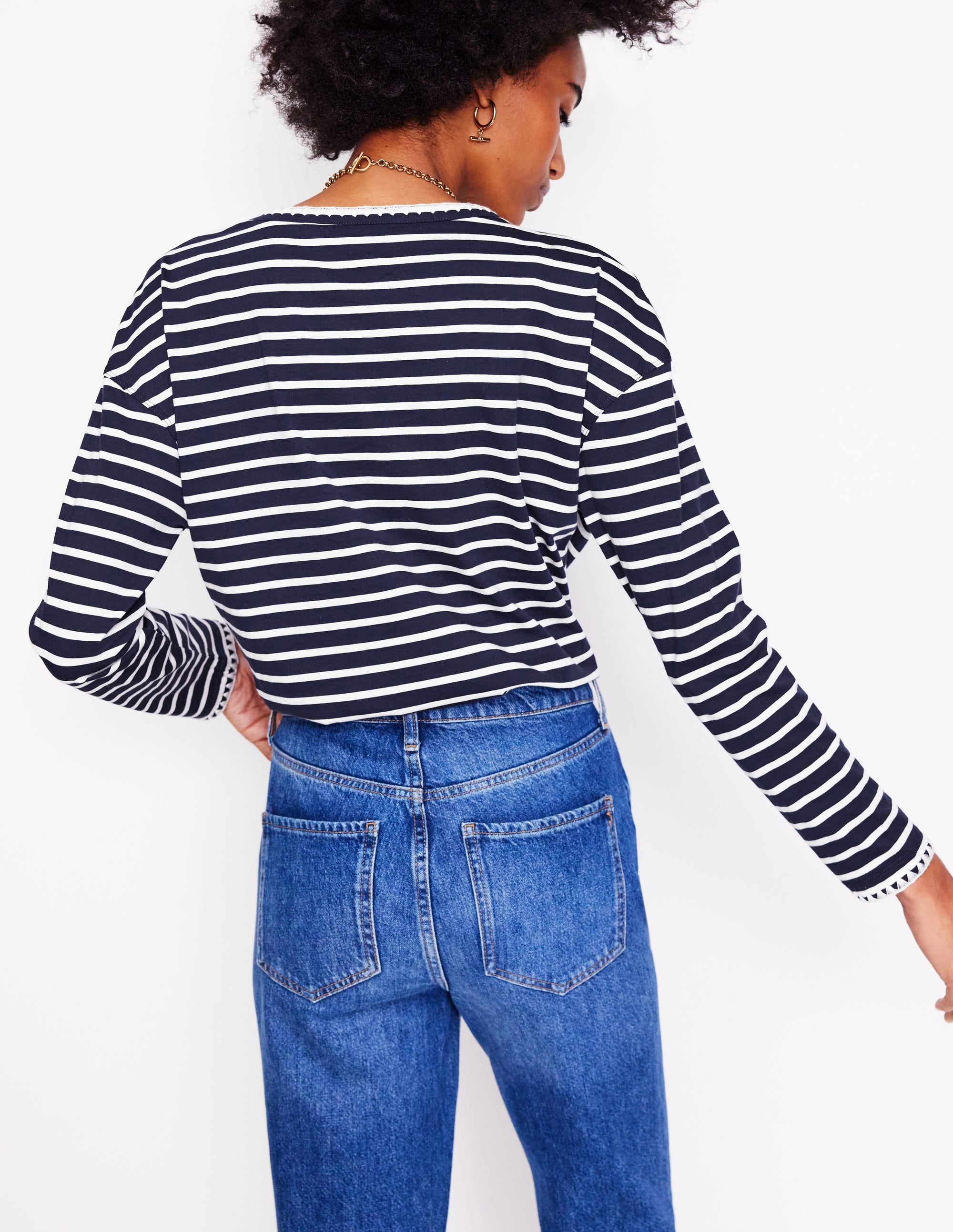 Blanket Stitch Boxy Top in Navy & Ivory - Casual Women's Loungewear for Home & Weekend Outings