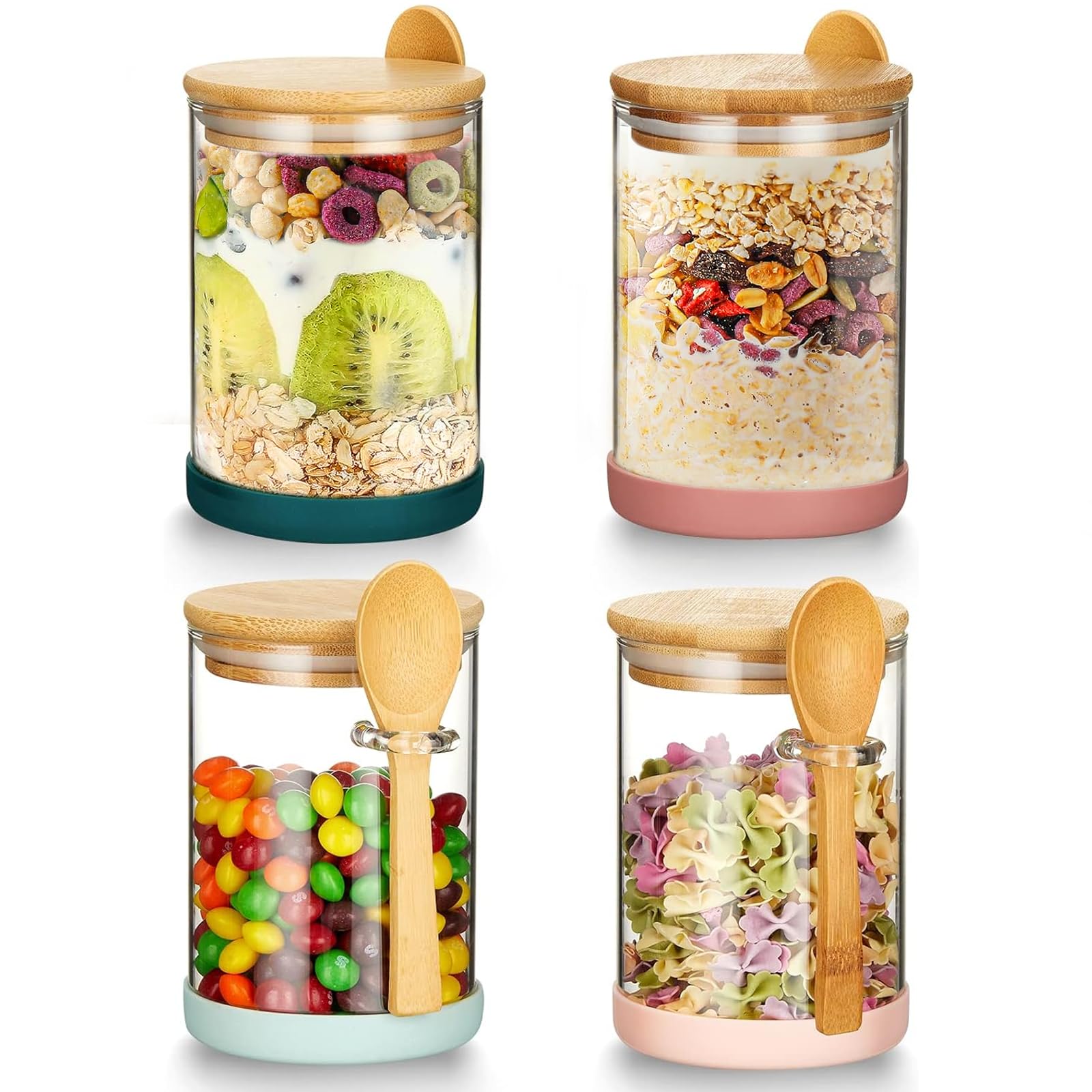 Mfacoy 4-Piece Airtight Glass Food Storage Containers with Bamboo Lids & Spoons - 17oz Borosilicate Overnight Oats Jars - Clear Kitchen Canisters for Cookies, Candy, Coffee, Sugar, Matcha Tea, Flour - Perfect for Pantry Organization & Meal Prep