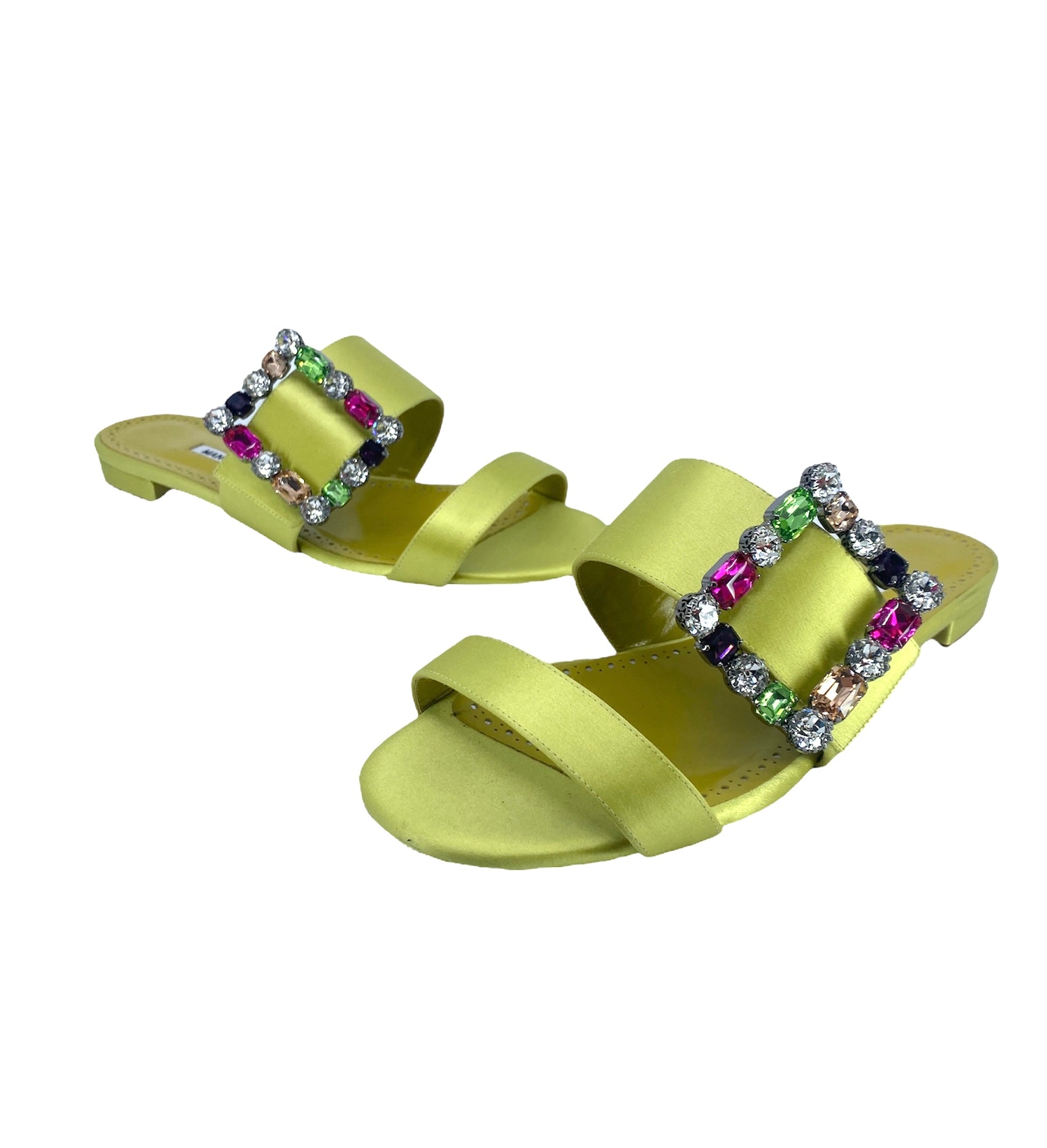 Manolo Blahnik Verda Crystal Buckle Flat Sandals - Women's Size 38.5 (US 8.5) Green Leather Summer Shoes | Elegant Comfort for Weddings, Parties & Beach Vacations