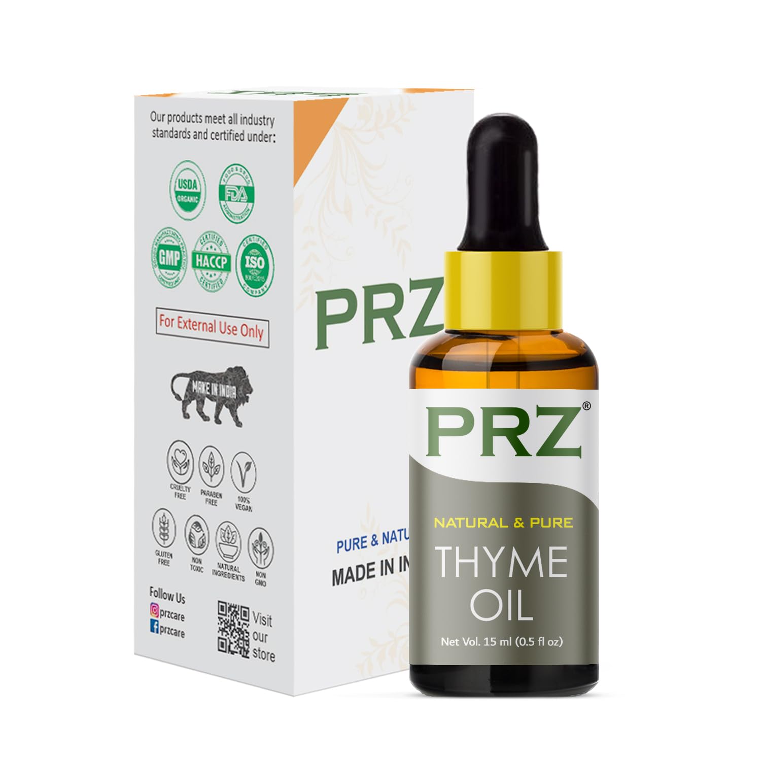 PRZ Pure Natural Thyme Essential Oil - 100% Therapeutic Grade for Aromatherapy, Skin & Hair Care, 15ml - Perfect for Diffusers, Massage & DIY Beauty Products