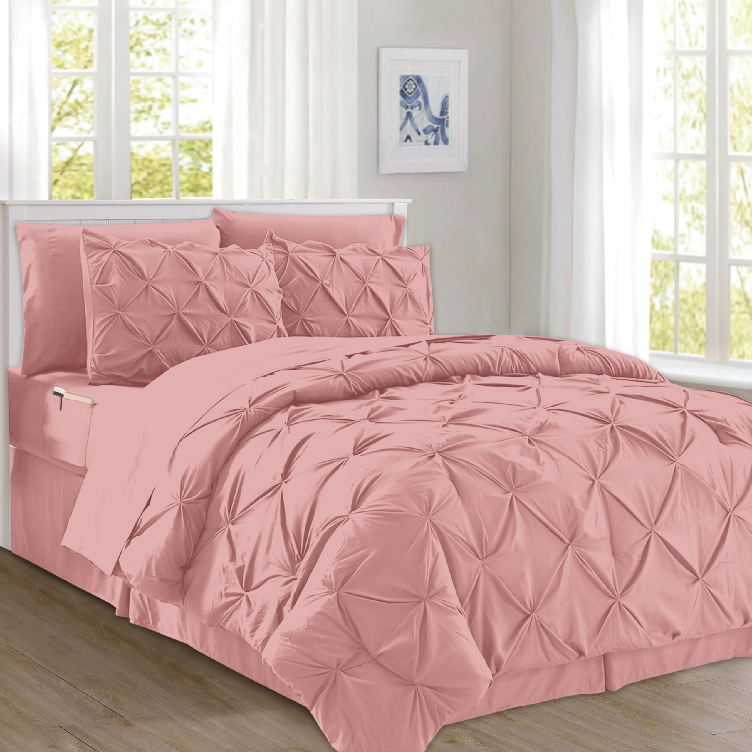 Luxury 6-Piece Comforter Set - Ultra Soft Bed in a Bag with Double Sided Storage Pockets, Twin/Twin XL, Dusty Rose | Perfect for Guest Rooms, Dormitories & Cozy Bedroom Decor