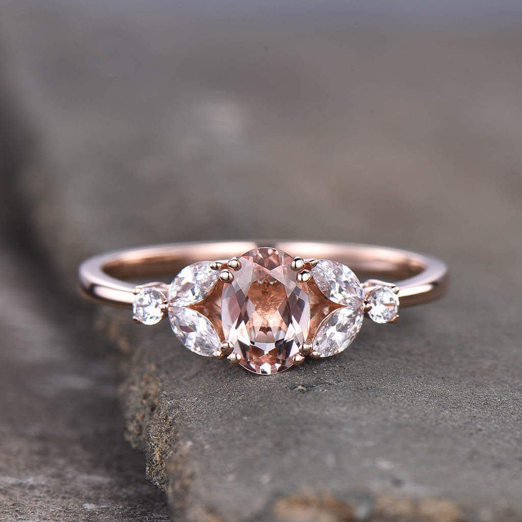 14k Rose Gold Pink Morganite & Marquise Moissanite Engagement Ring for Women - Perfect for Proposals, Anniversaries & Romantic Occasions