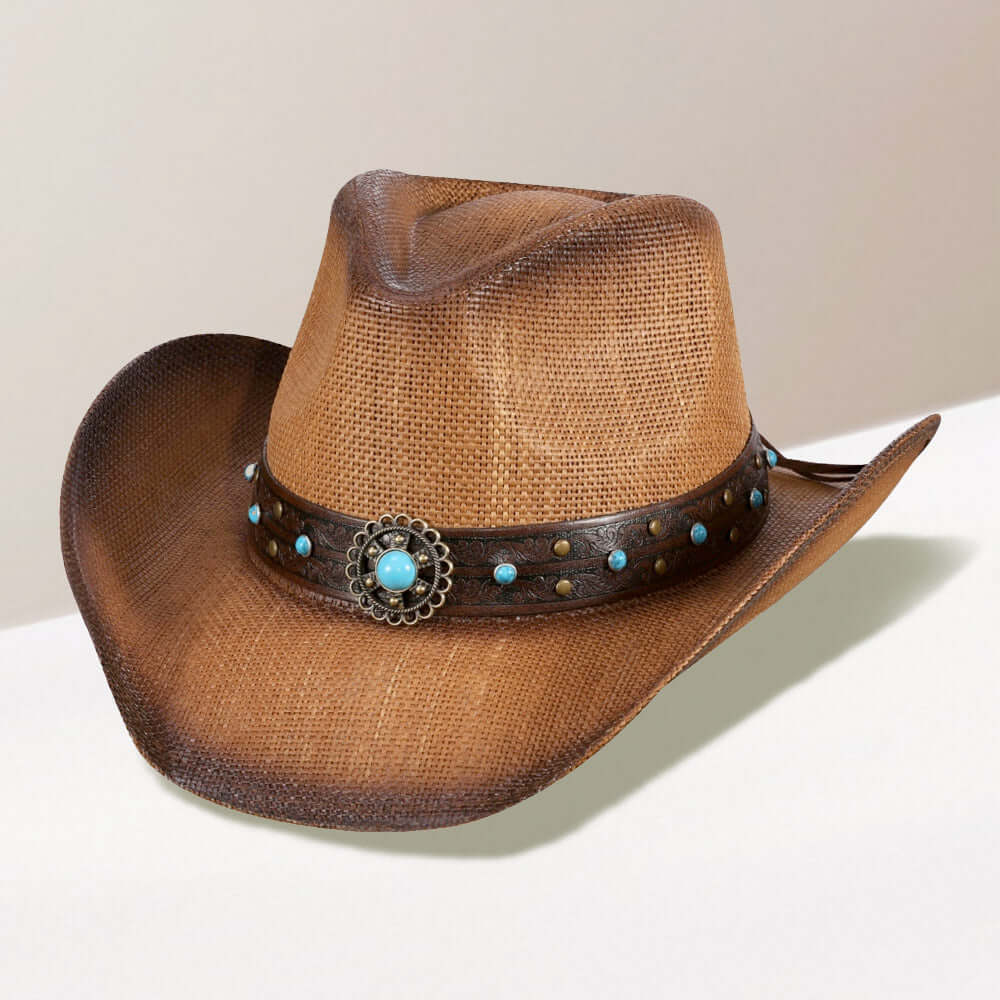 Stylish Brown Turquoise Stone Western Cowboy Hat - Faux Leather & Straw Design for Women | Perfect for Rodeo, Country Music Festivals & Outdoor Adventures