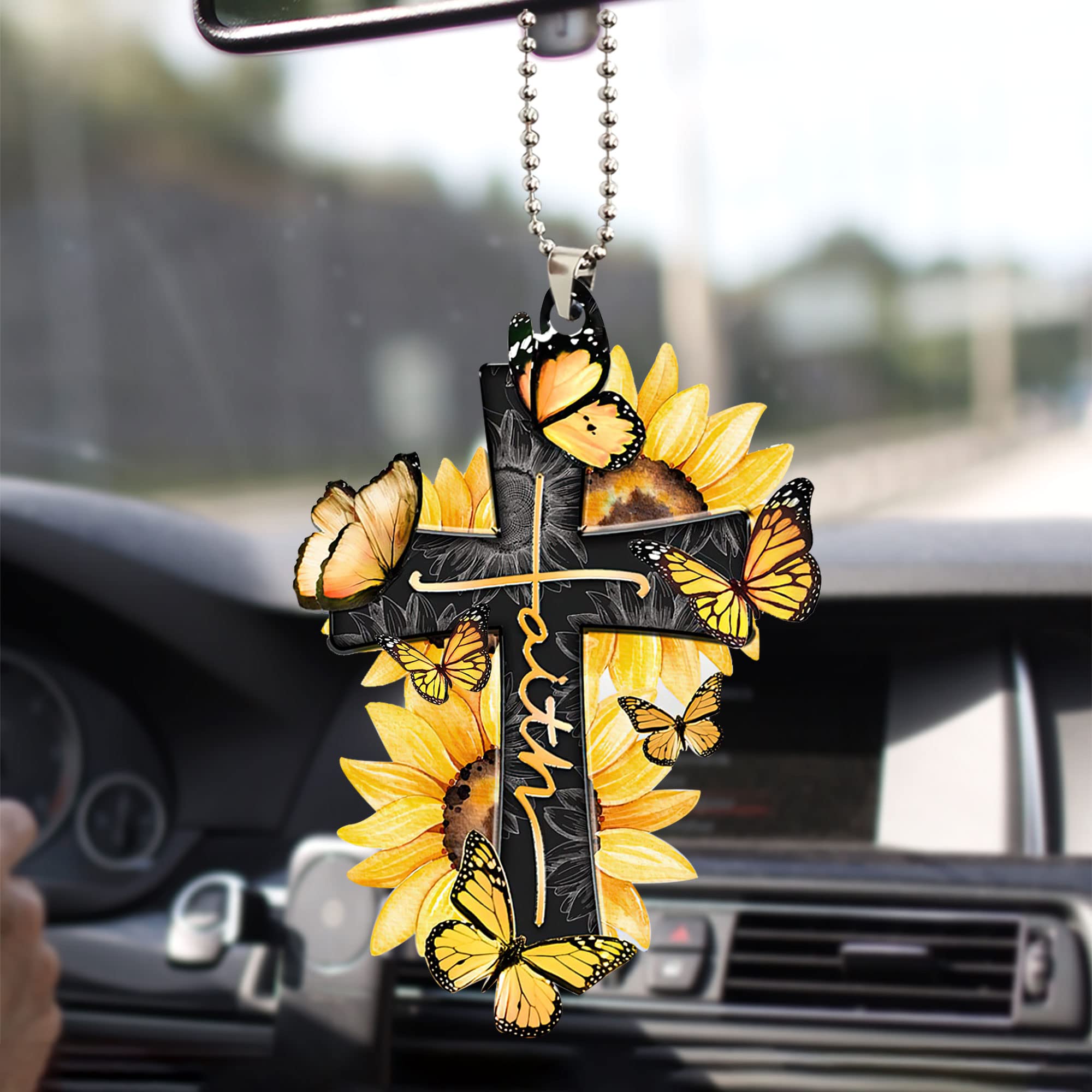 Talataca Yellow Faith Jesus Cross Butterfly Sunflower 2D Flat Car Mirror Charm - Christian Car Accessory for Rearview Mirror Decor, Christmas Ornament & Gift Idea - Perfect for Daily Inspiration, Road Trips, and Holiday Decorations
