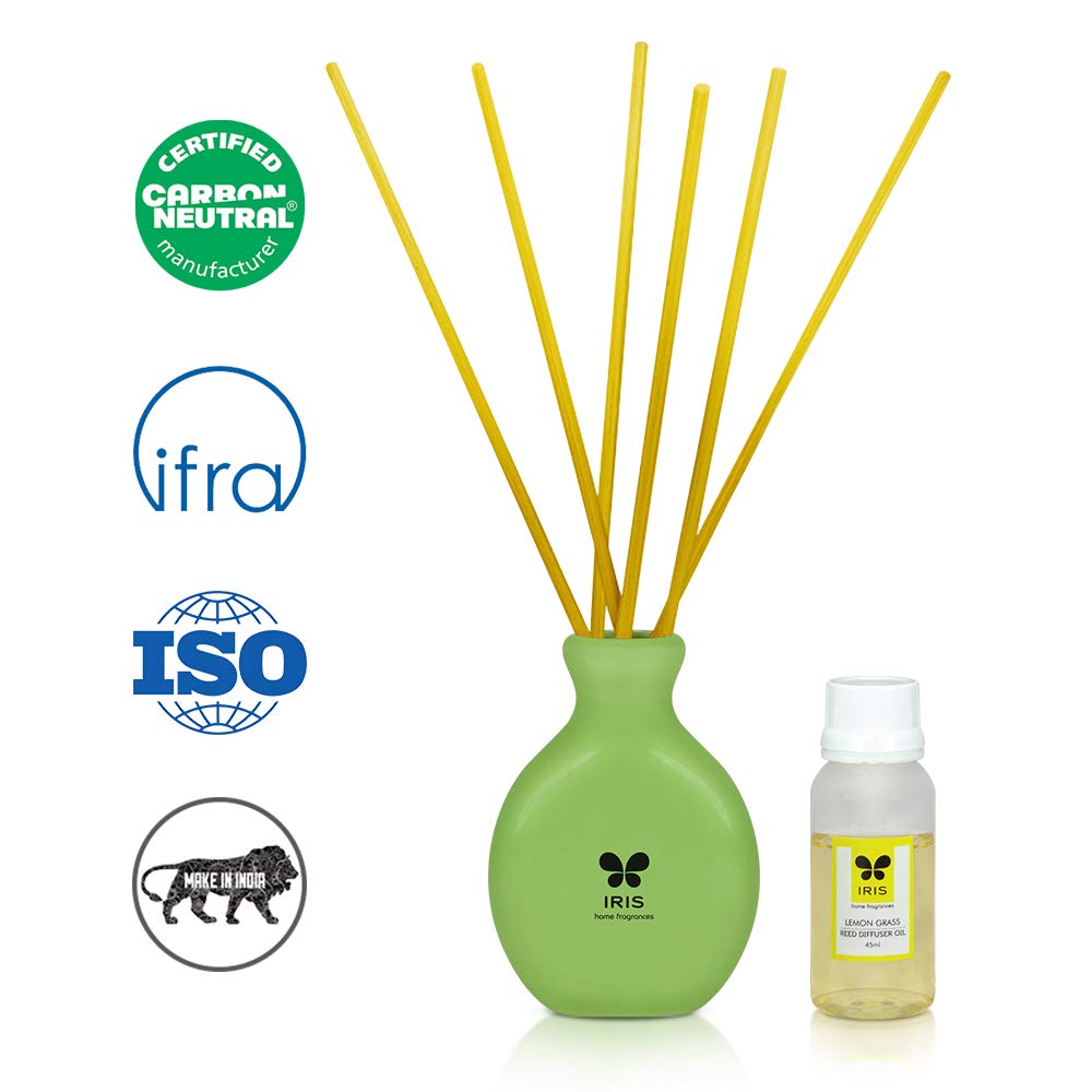 Premium IRIS Lemongrass Reed Diffuser - Natural Aromatherapy, Toxin-Free Home Fragrance for Relaxation & Mood Enhancement - Made in India (50 x 50 x 100mm) - Perfect for Living Rooms, Bedrooms & Office Spaces