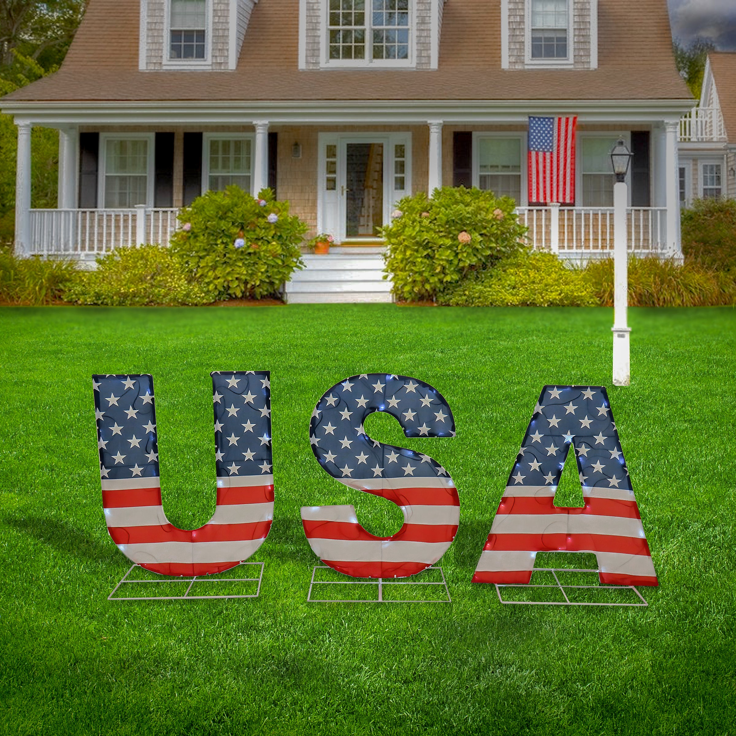 18 Inch LED Patriotic USA Outdoor Lawn Decor - Light Up American Flag Yard Decoration for 4th of July, Memorial Day & Backyard Parties