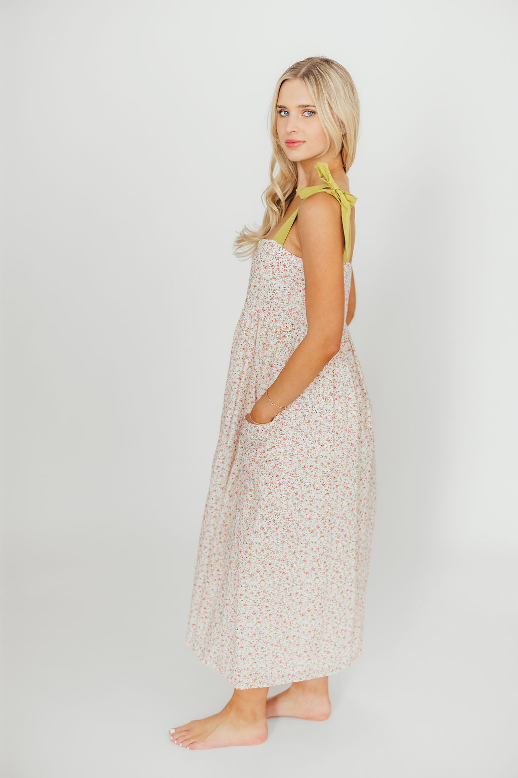 Everest Floral Print Button Down Midi Dress with Bow Tie Strap - Elegant Summer Dress for Women, Perfect for Weddings, Parties & Office Wear