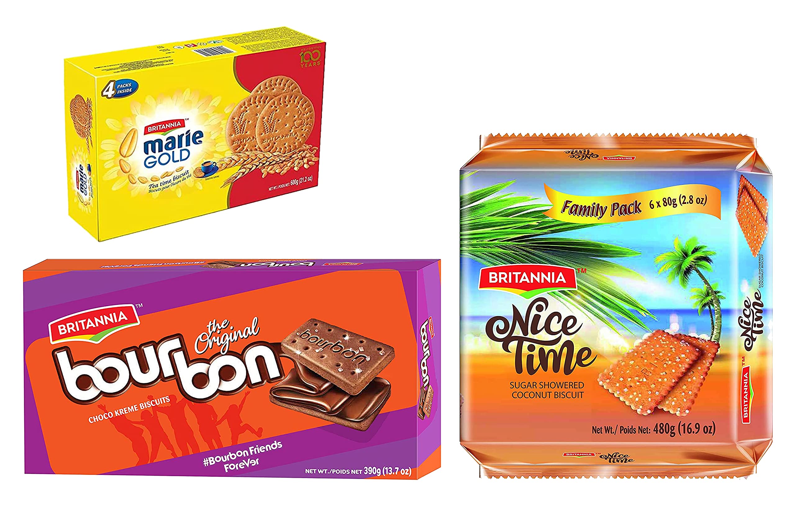 BRITANNIA Marie Gold, Bourbon Original & Nice Time Variety Pack - Delicious Biscuits for Breakfast, Tea Time & Snacking - Perfect for Office, School & Family Gatherings (Pack of 3 Classic Flavors)