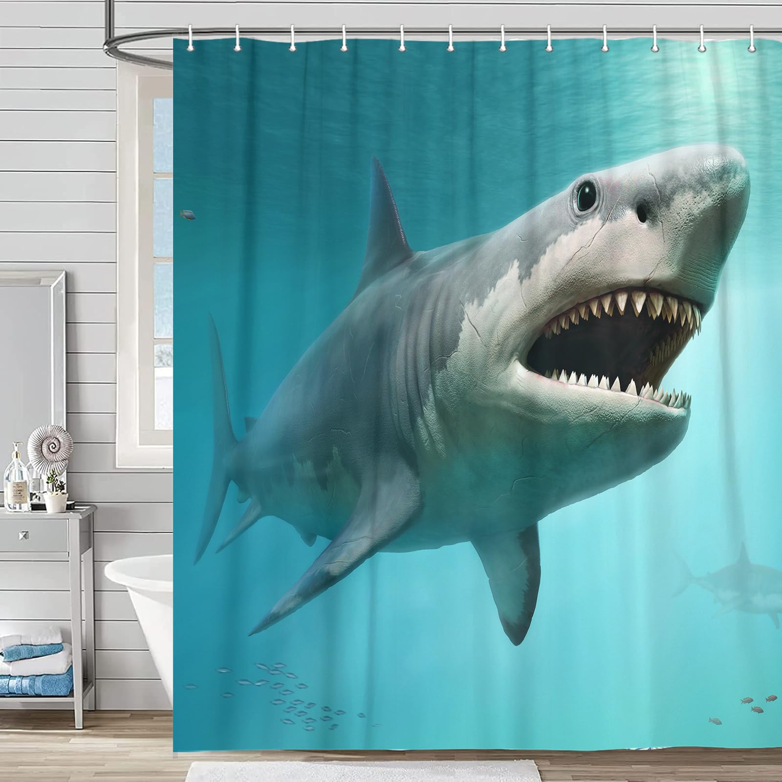 3D Shark Ocean Themed Shower Curtain - Underwater World Sea Animal Print Polyester Bathroom Decor with Hooks (69x70 Inches) - Perfect for Beach House, Kids' Bathroom & Ocean Lovers' Home Decor