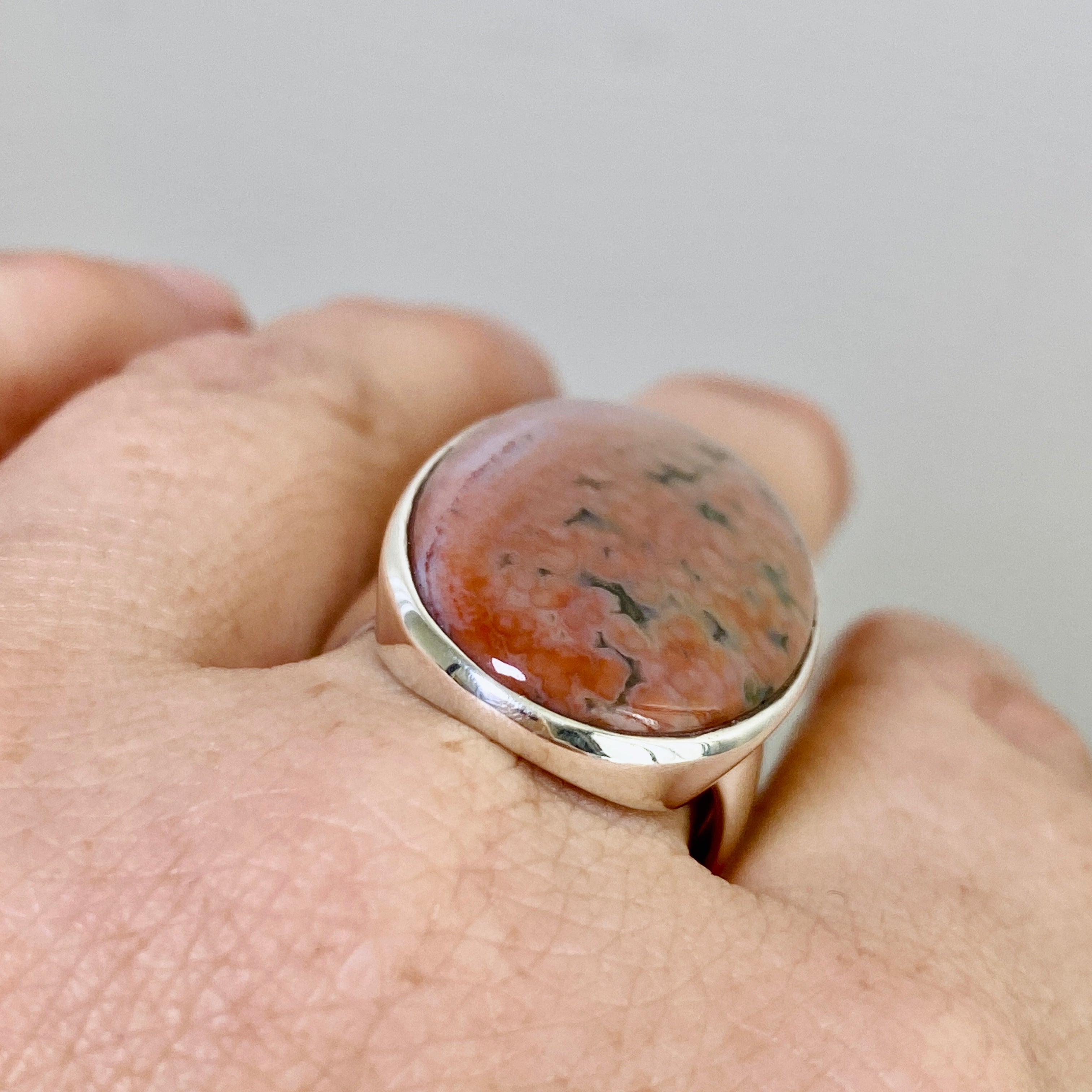 Ocean Jasper Oval Cabochon Ring - Size 8 - Natural Stone Jewelry - Handmade Silver Ring for Women - Perfect for Boho Style, Meditation & Spiritual Healing