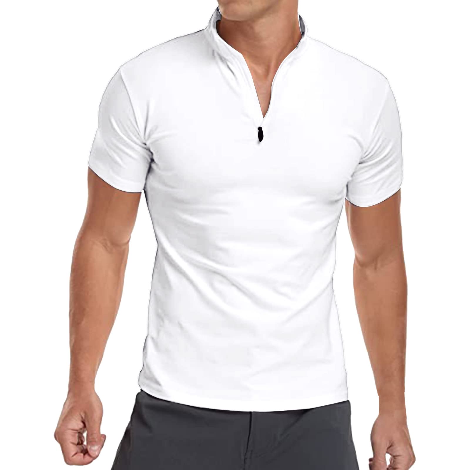 ZICTH Men's Slim Fit Polo Shirts - Casual Mock Neck Cotton Short Sleeve T-Shirt - Breathable Summer Shirt for Work & Outdoor Activities - White