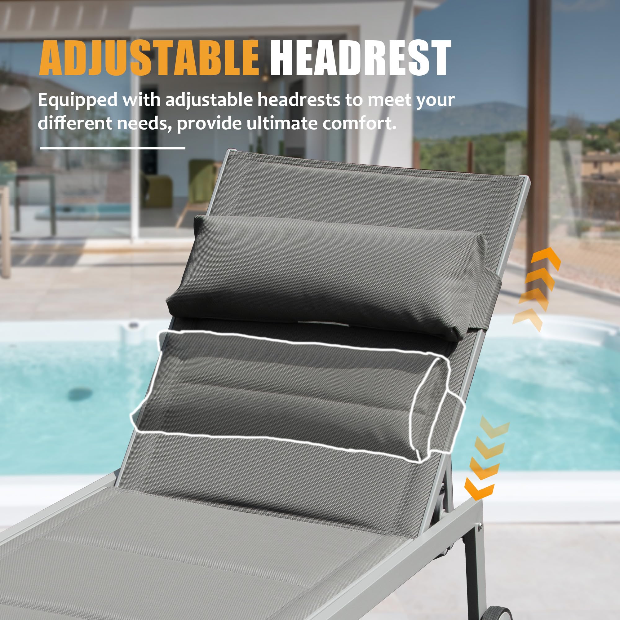Domi 3-Piece Outdoor Chaise Lounge Set - Aluminum Pool Chairs with Wheels & Side Table for Poolside, Beach, Yard