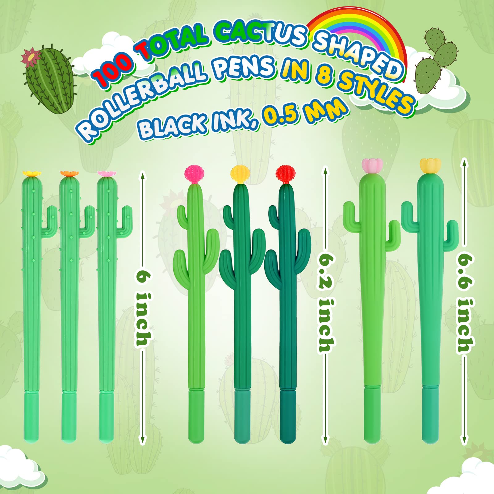 Handepo 100-Pack Cactus Shaped Rollerball Pens - Cute Flower Ballpoint Pens with Black Gel Ink for School, Office & Home Use - Perfect Gift for Students & Stationery Lovers - Great for Note Taking, Journaling & Creative Writing