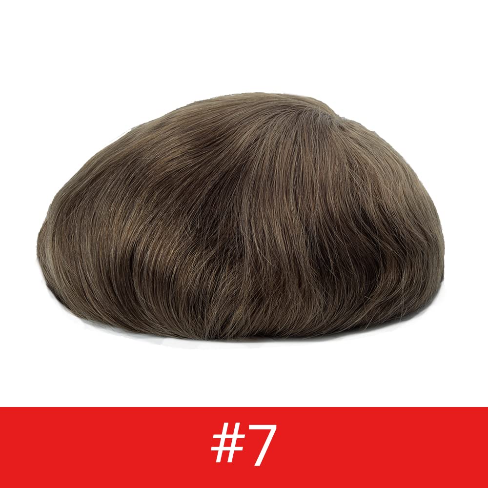 Premium European Human Hair Toupee for Men - 7x9 Inch Full French Lace Hairpiece | Natural Hairline, Light Brown #7 | Hair Replacement System for Thinning Hair & Baldness | Perfect for Daily Wear, Special Occasions & Professional Settings