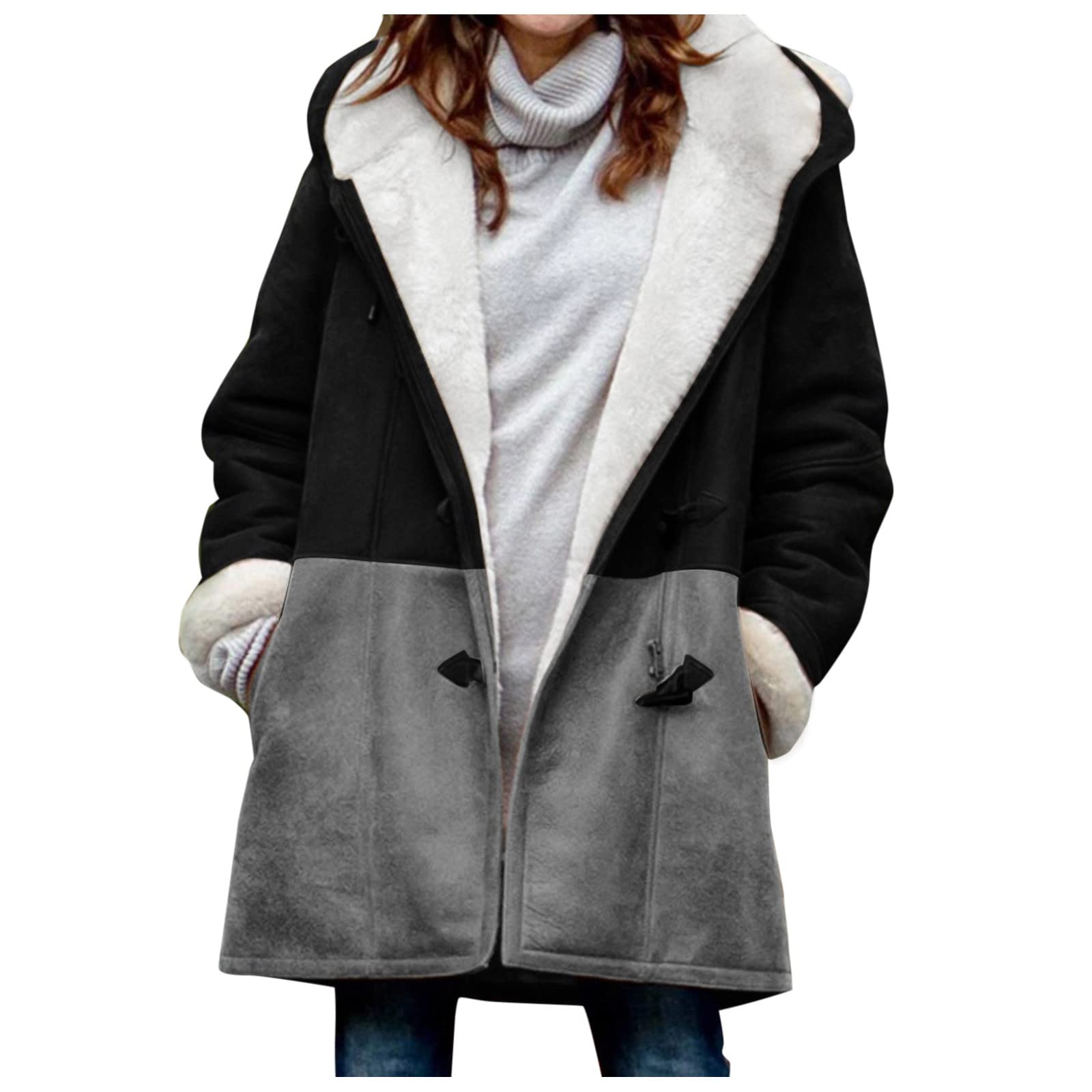Plus Size Women's Winter Coat - Patchwork Velvet Long Sleeve Jacket with Horn Buckle Details | Warm Fashion Outerwear for Cold Weather | Perfect for Office, Dating & Holiday Parties
