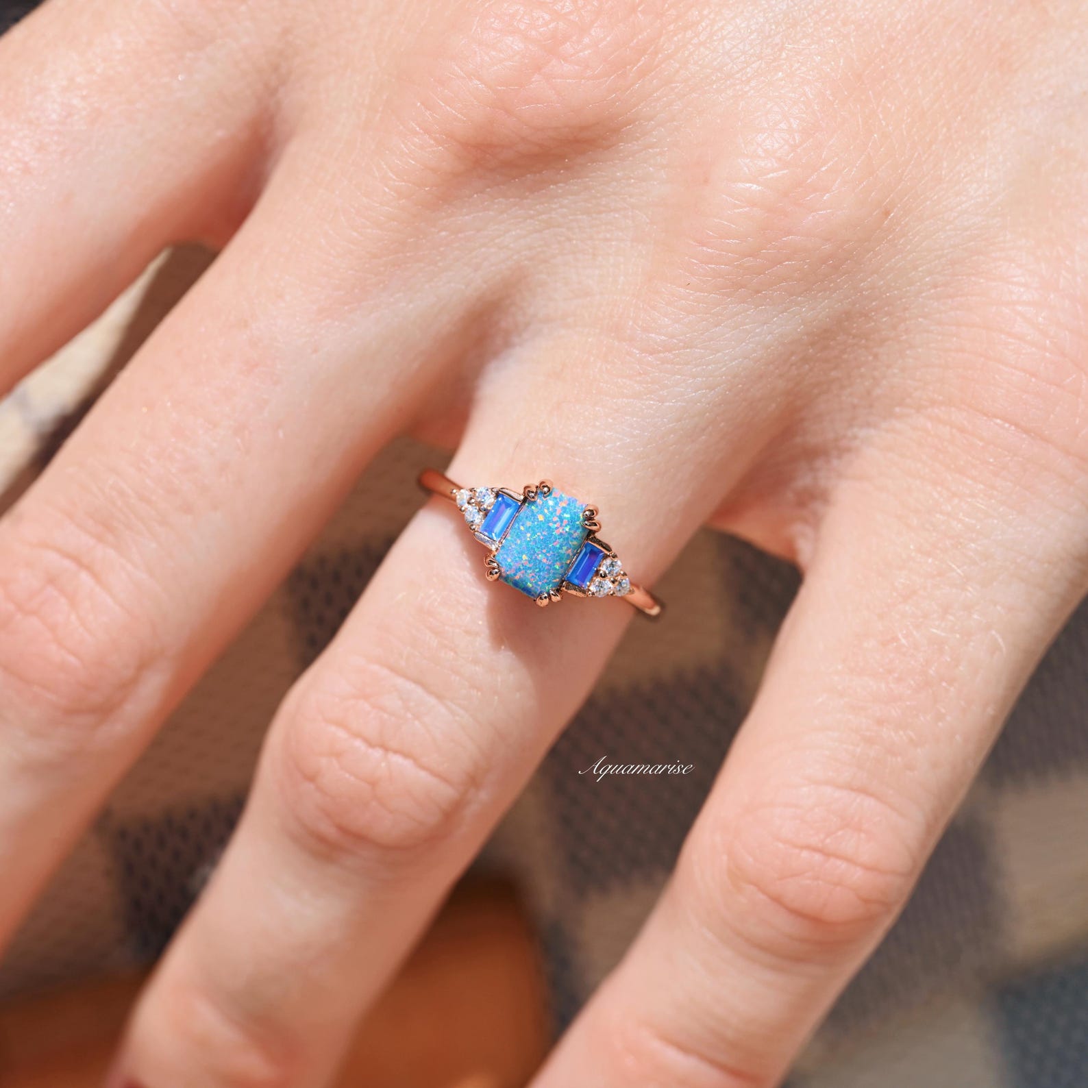 Light Blue Fire Opal & Opalescent Sapphire Ring - 14k Rose Gold Vermeil, Dainty Stackable Ring for Women, Perfect for Engagement, Anniversary or Everyday Elegance