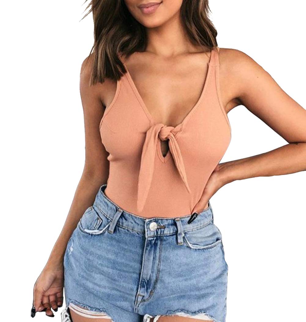 Women's V-Neck Ribbed Bodysuit - Tie-Up Tank Top Backless Leotard for Women | Sexy Clubwear, Date Night Outfit & Layering Essential