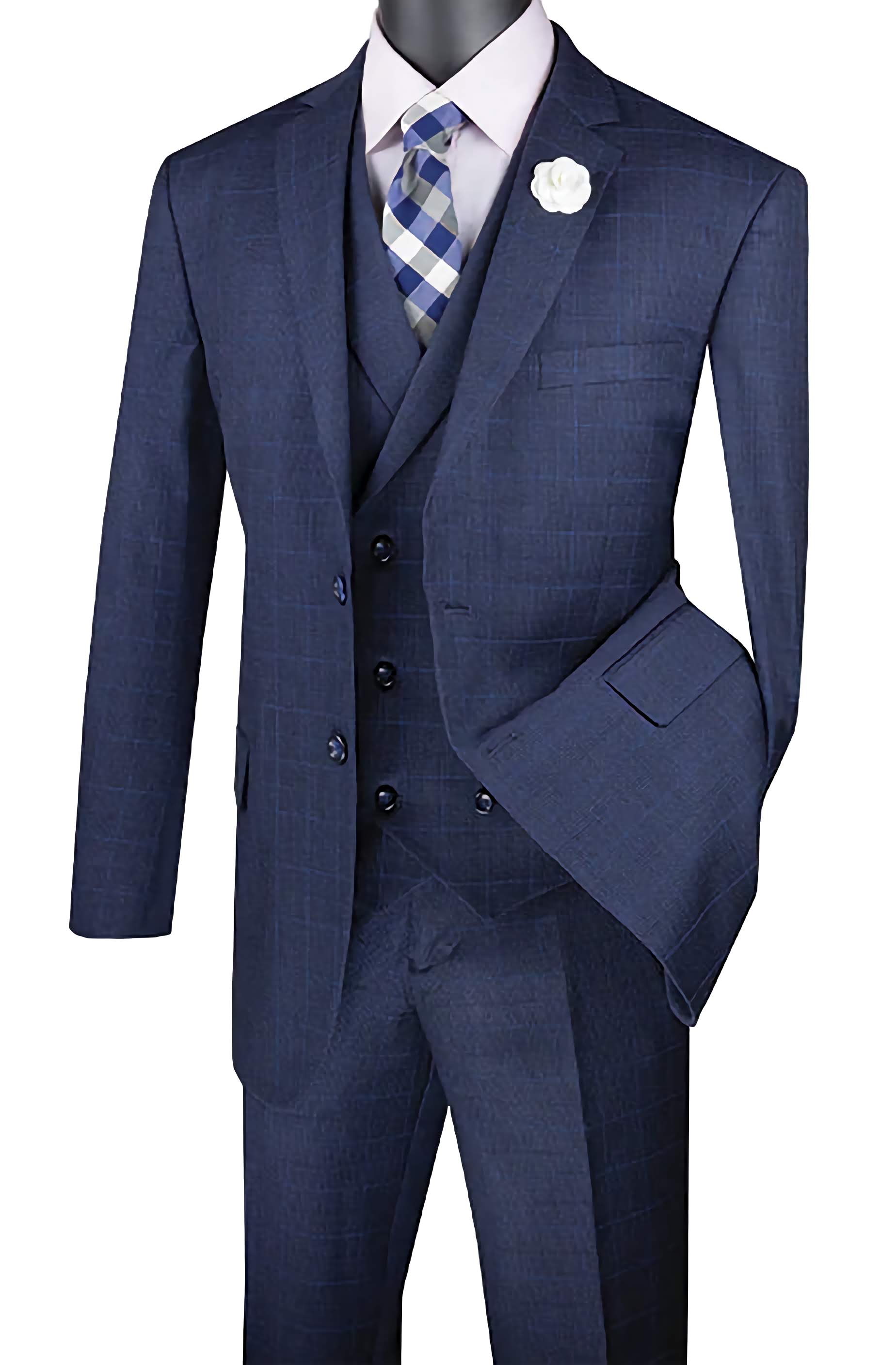 Victoria Collection Navy Blue Regular Fit Glen Plaid 2-Button 3-Piece Suit for Men - Business Formal, Wedding & Special Occasions
