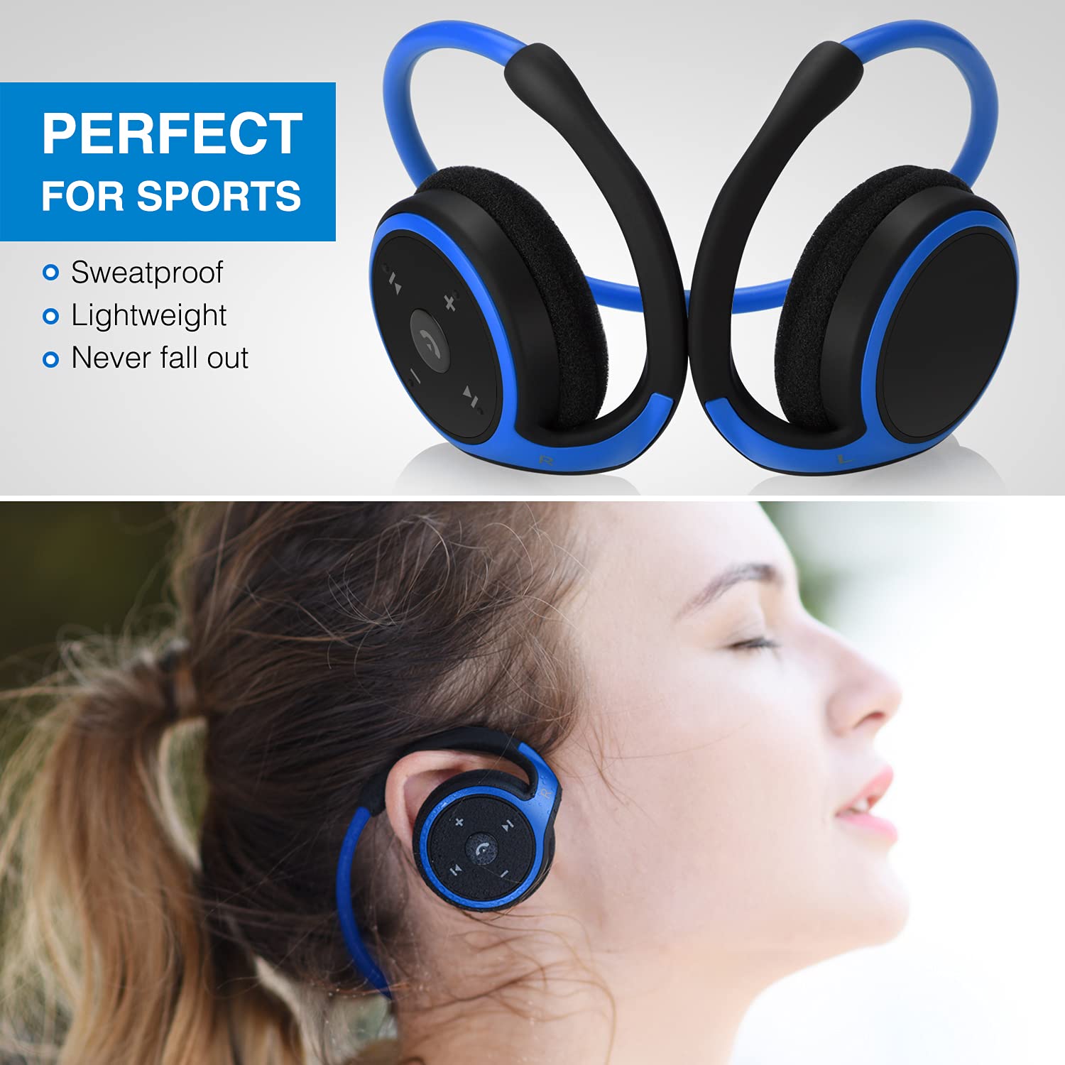 RTUSIA Wireless Bluetooth Headphones - Sports Wrap Around Ear Headset with Built-in Mic, Crystal Clear Sound, 12H Battery Life, Foldable & Portable for Gym, Running, Travel - Blue