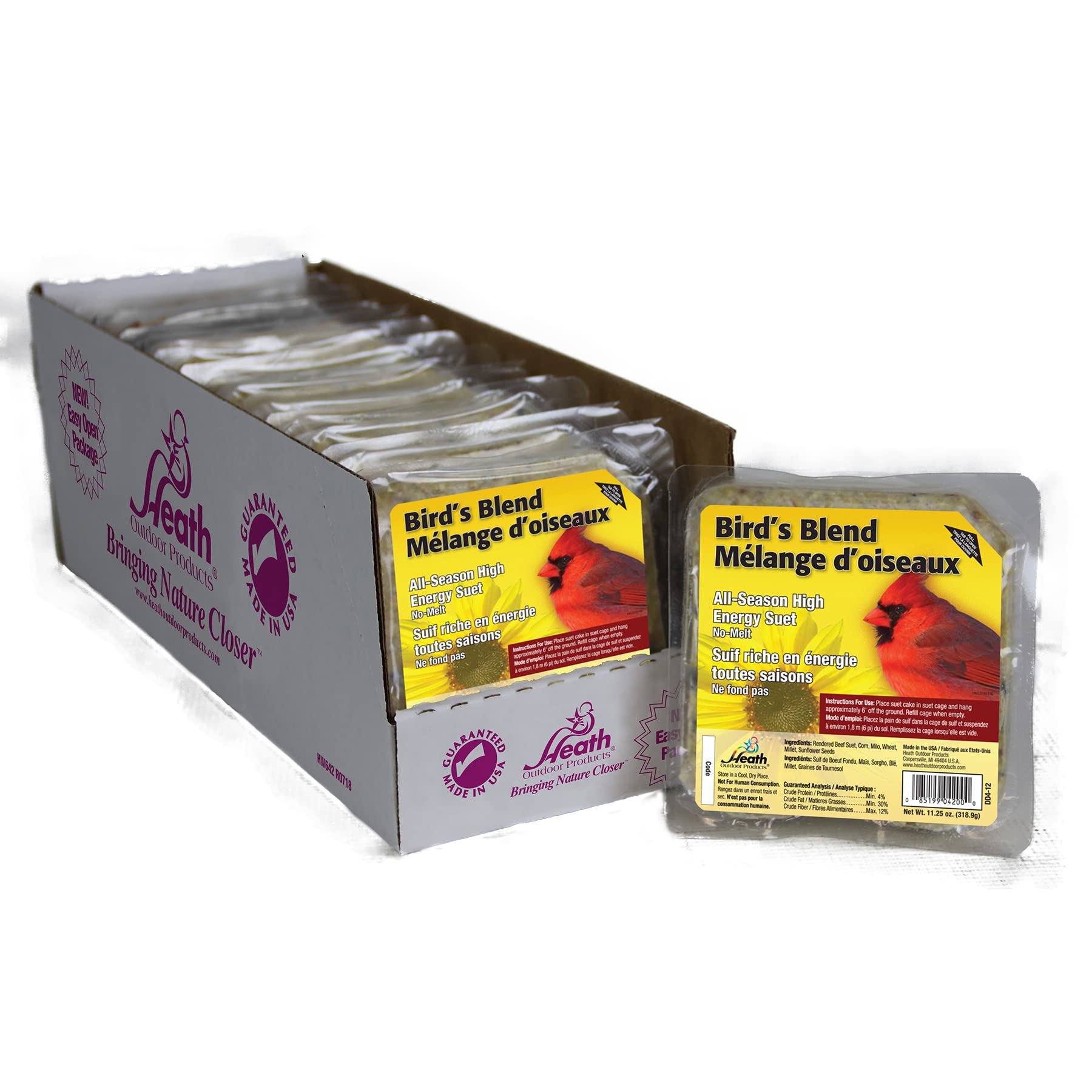 Heath DD4-12 Yellow Bird Suet, 11.25oz (12-Pack) - Ideal for Backyard Bird Feeding and Winter Nutrition