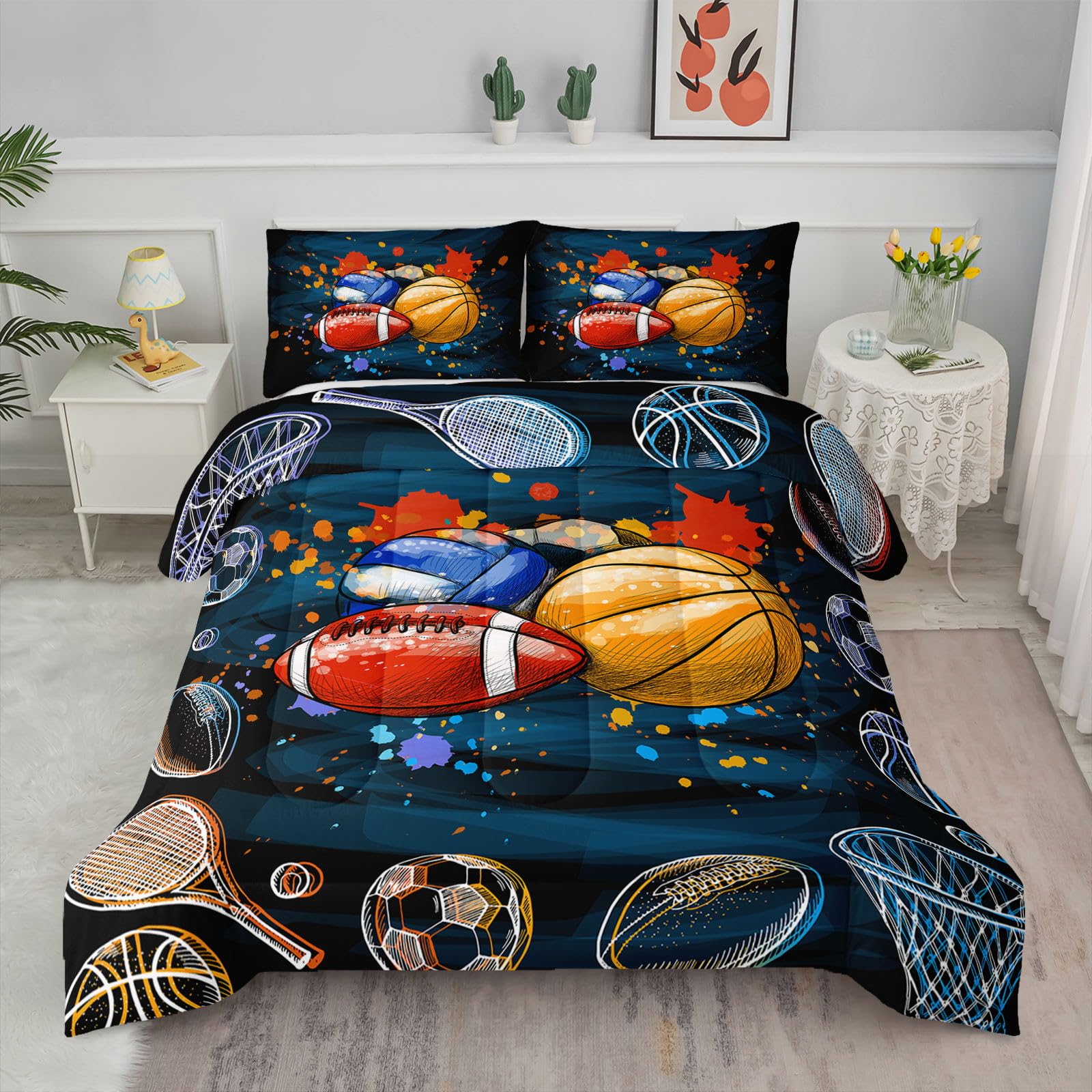 Axolotl Basketball Comforter Set Twin Size - Sports Themed Bedding with 1 Quilt & 2 Pillowcases - Volleyball Soccer Football Design in Colorful Grunge Style for Kids Boys Teens - Perfect for Dorm Room, Teen Bedroom and Sports Lovers