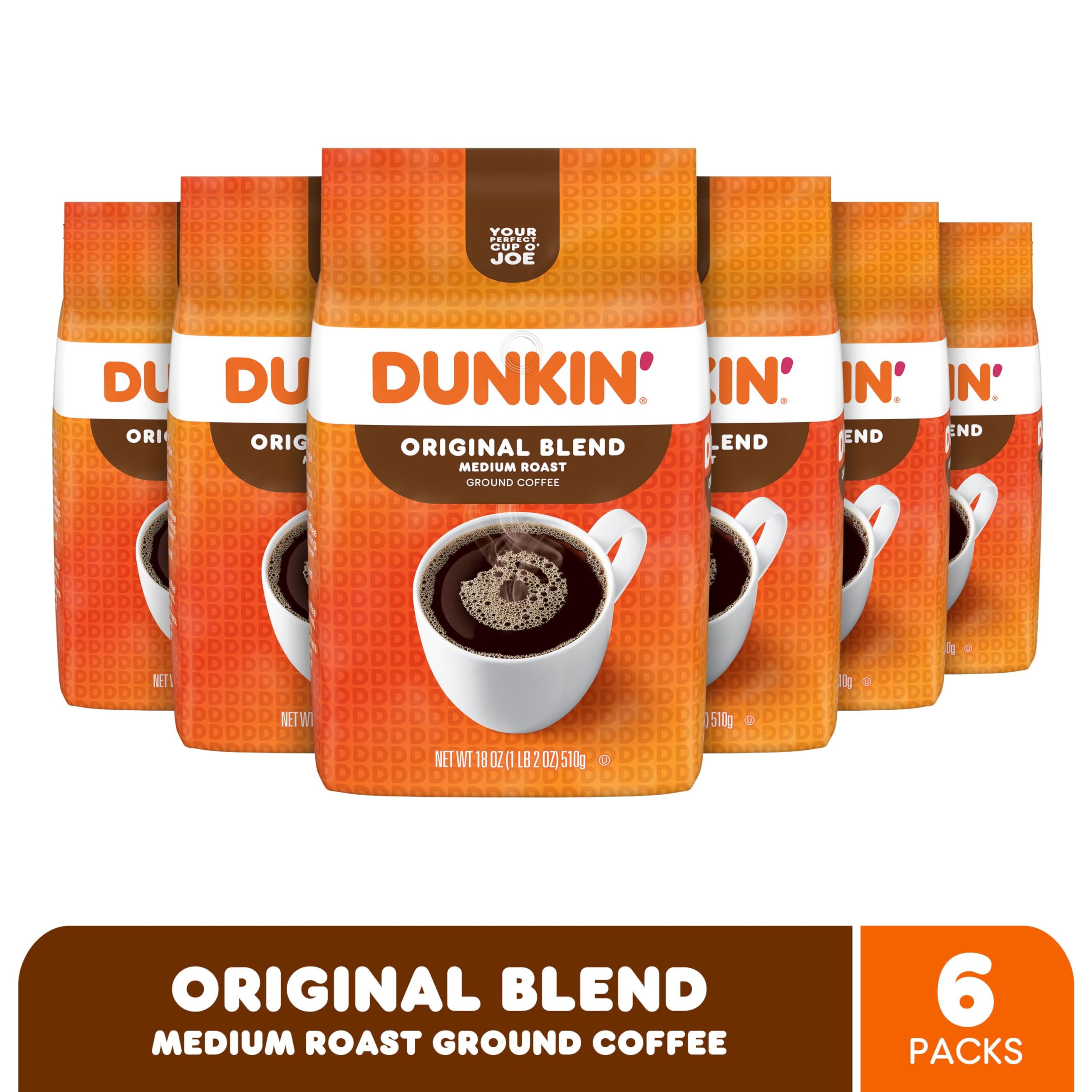 Premium Dunkin' Original Blend Medium Roast Ground Coffee - 18 Oz (Pack of 6) - Rich & Smooth Flavor for Home Brewing, Office Use & Gifts