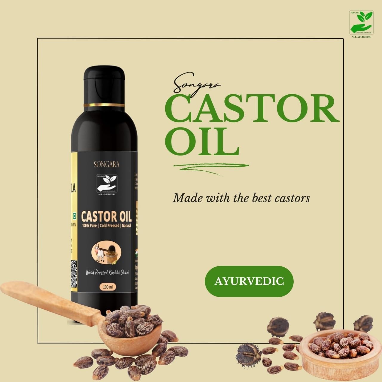 100% Pure Cold Pressed Castor Oil for Hair Growth, Skin & Nails - Natural Ayurvedic Arandi Taila (3.4 fl oz) - Promotes Thicker Hair, Healthy Skin & Strong Nails - Perfect for Hair Care, Massage & Beauty Routines